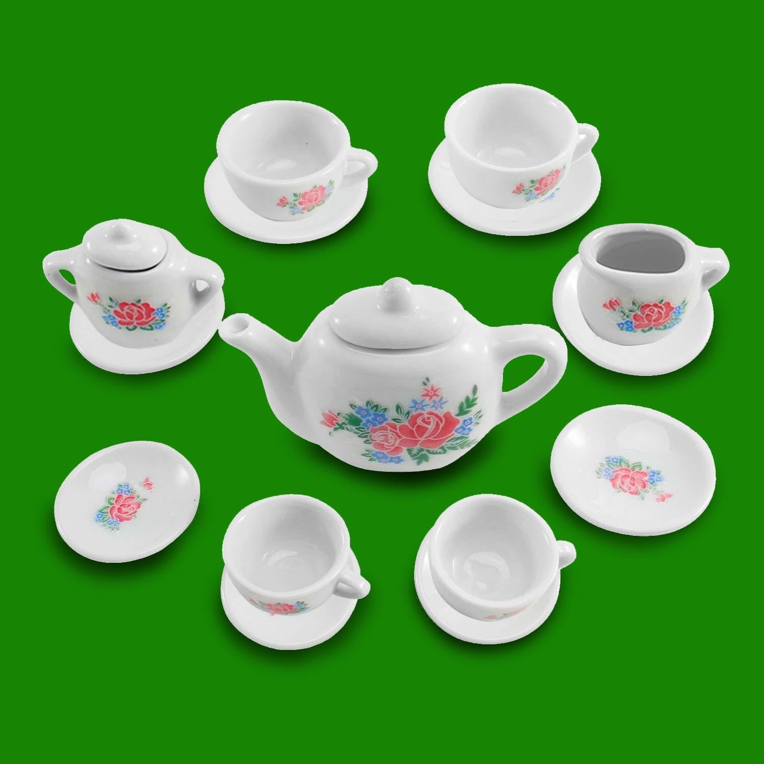 23 Pieces Kids Ceramic Play Tea Set, Role Play Tea Pot Saucers Cups, Pretend Play Kids Toy Kitchen Tea Party Playset, Washable Dishes, Safe Material, for Your Toddlers and Little Girls