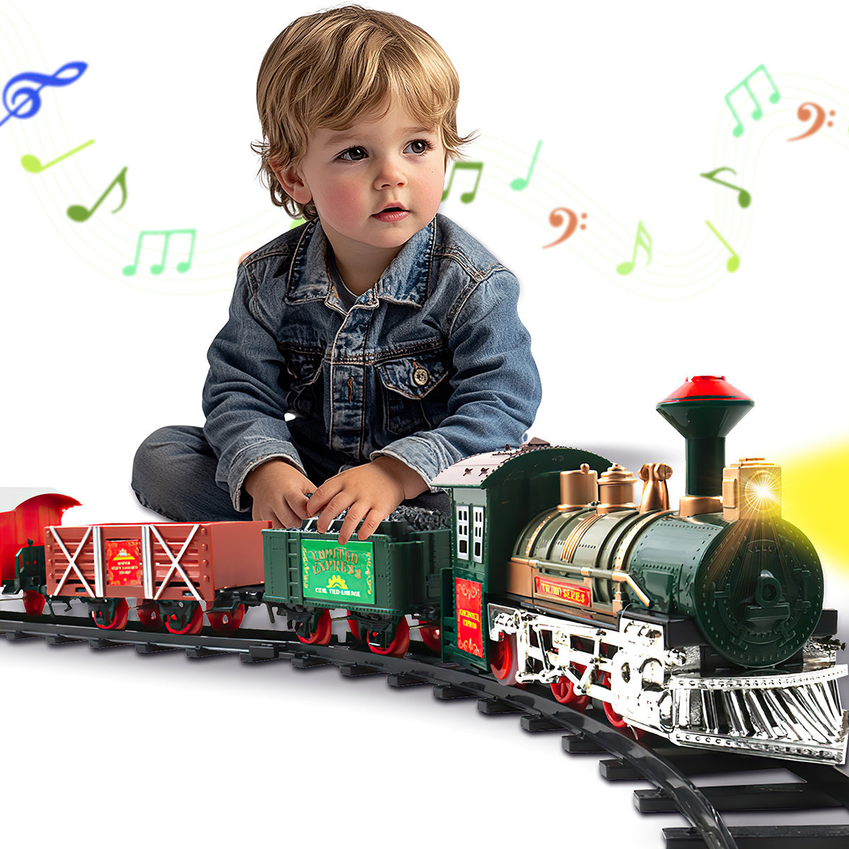 Classic Holiday Toy Train Set Illuminated Electric Locomotive with Cargo, Passenger Cars, Kids' Railway Playset with Authentic Sounds and LED Lights Christmas Tree Décor