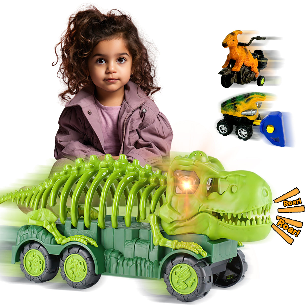 Dinosaur Transport Truck Toy Set with Lights and Sounds Interactive Assembly Educational Toy for Kids, with 2 Mini Dinosaurs Vehicles, Gift for Boys Girls Ages 3-7