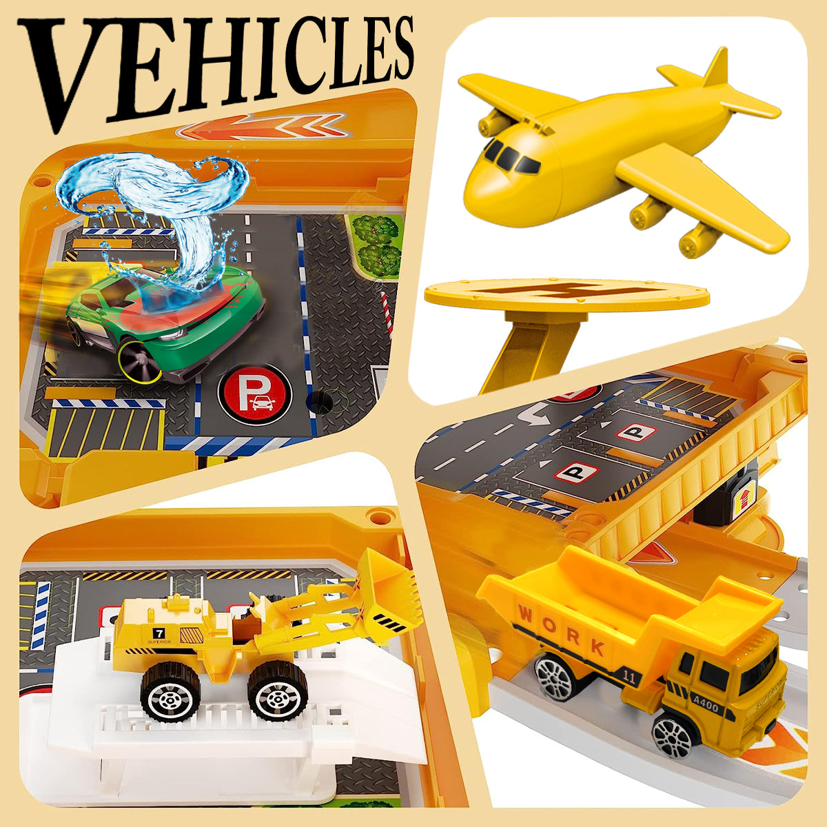 Kids 4 Storey Large Car Parking Lot Garage Play Set with Electric Elevator Ramps Alloy Car Helicopter Race Car Track, Parking Garage Pretend Play Toy for Kids Yellow