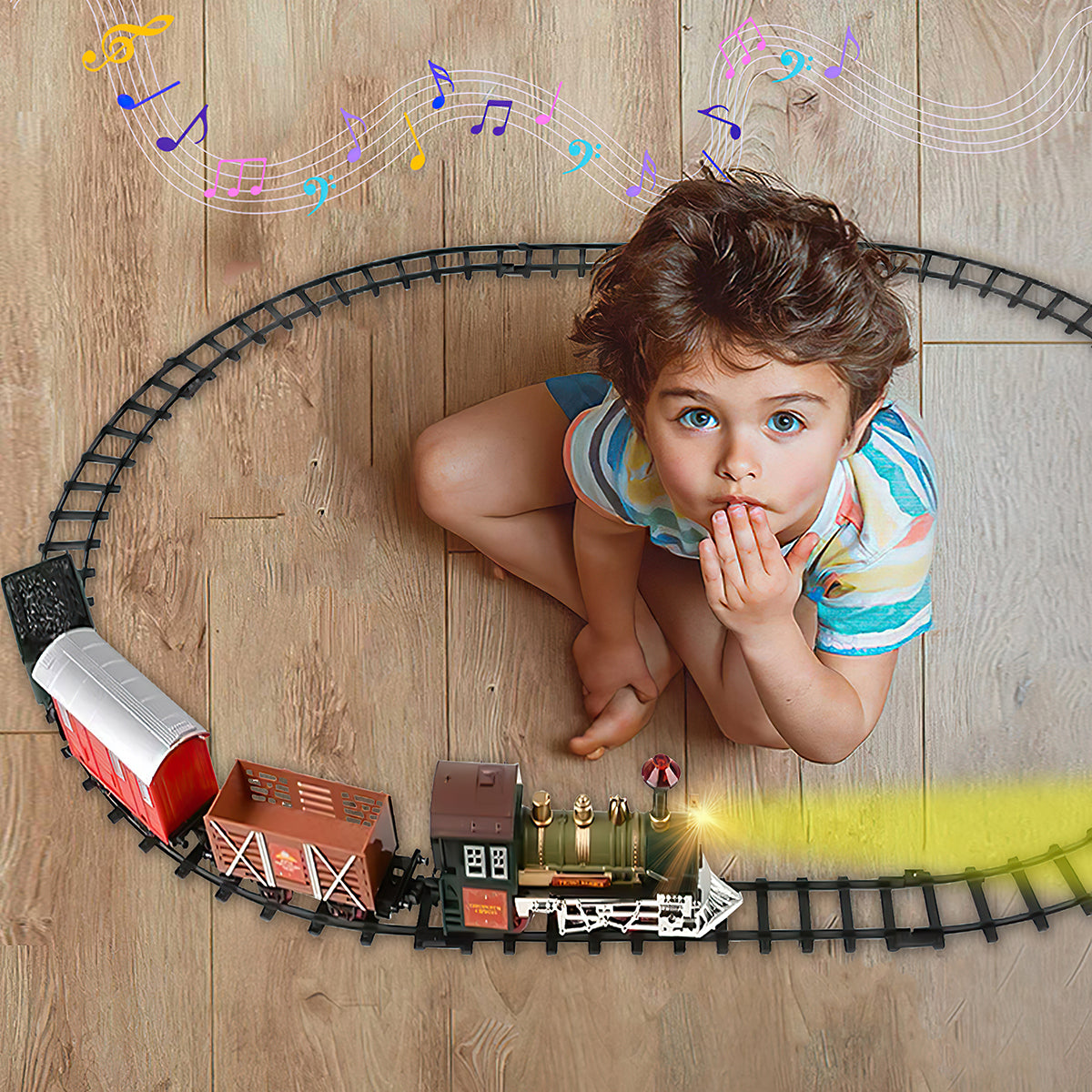 Classic Holiday Toy Train Set Illuminated Electric Locomotive with Cargo, Passenger Cars, Kids' Railway Playset with Authentic Sounds and LED Lights Christmas Tree Décor