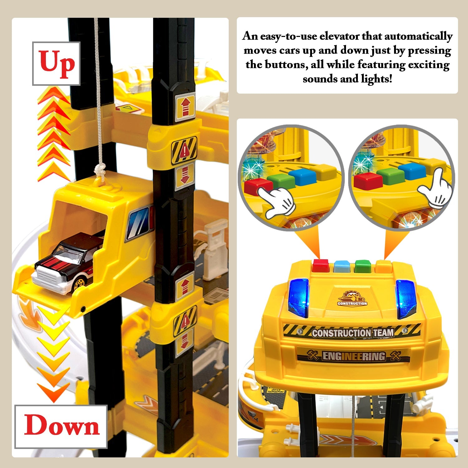 Kids 4 Storey Large Car Parking Lot Garage Play Set with Electric Elevator Ramps Alloy Car Helicopter Race Car Track, Parking Garage Pretend Play Toy for Kids Yellow