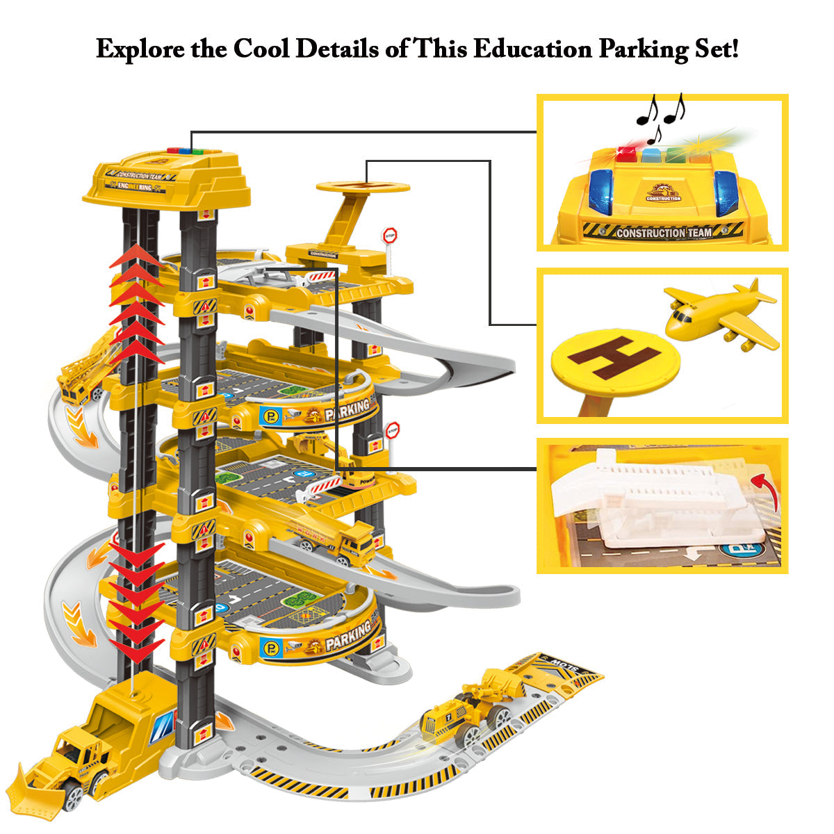 Kids 4 Storey Large Car Parking Lot Garage Play Set with Electric Elevator Ramps Alloy Car Helicopter Race Car Track, Parking Garage Pretend Play Toy for Kids Yellow