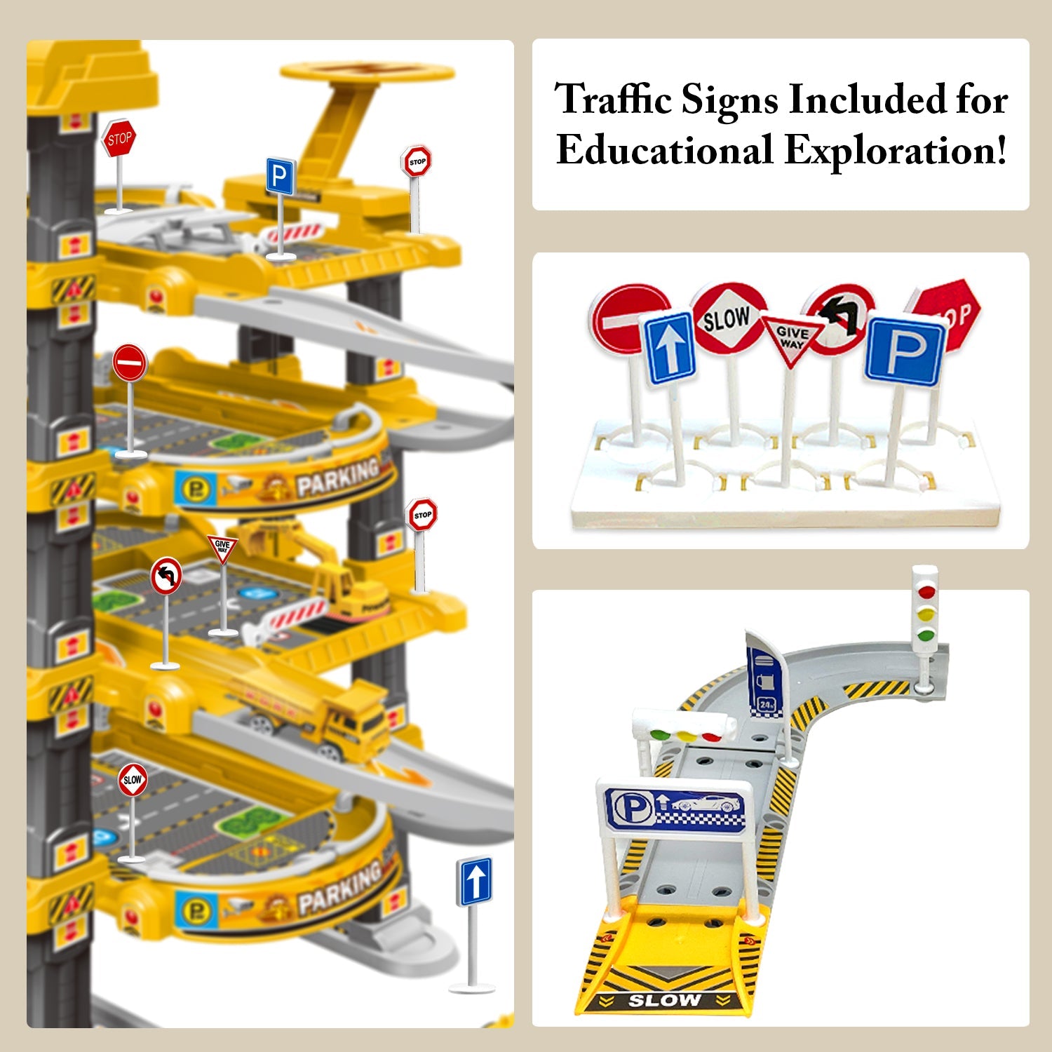 Kids 4 Storey Large Car Parking Lot Garage Play Set with Electric Elevator Ramps Alloy Car Helicopter Race Car Track, Parking Garage Pretend Play Toy for Kids Yellow