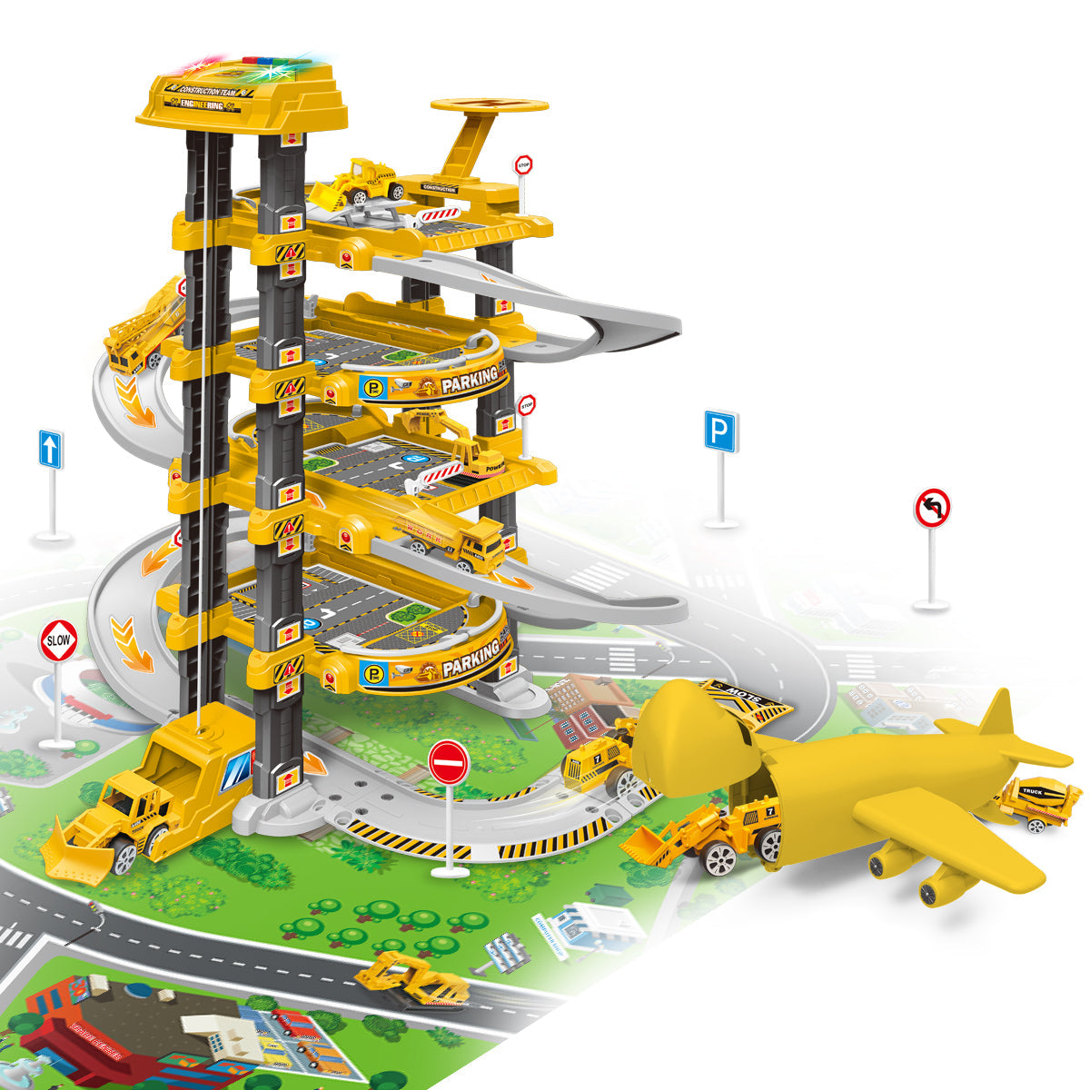 Kids 4 Storey Large Car Parking Lot Garage Play Set with Electric Elevator Ramps Alloy Car Helicopter Race Car Track, Parking Garage Pretend Play Toy for Kids Yellow