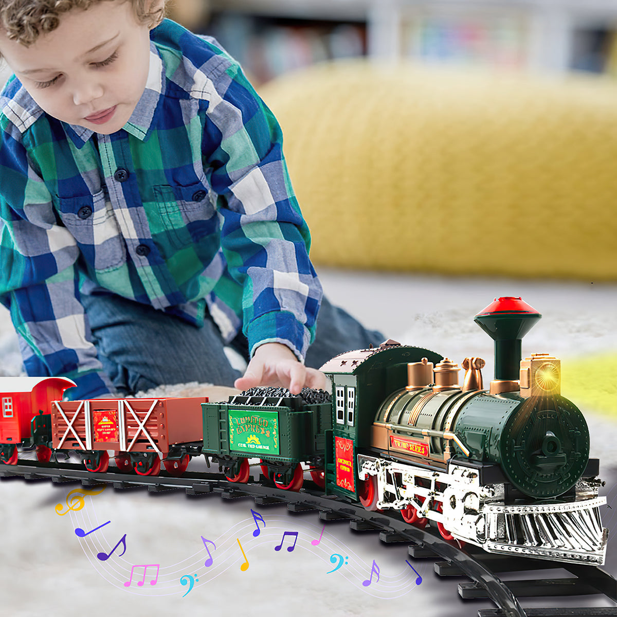 Classic Holiday Toy Train Set Illuminated Electric Locomotive with Cargo, Passenger Cars, Kids' Railway Playset with Authentic Sounds and LED Lights Christmas Tree Décor