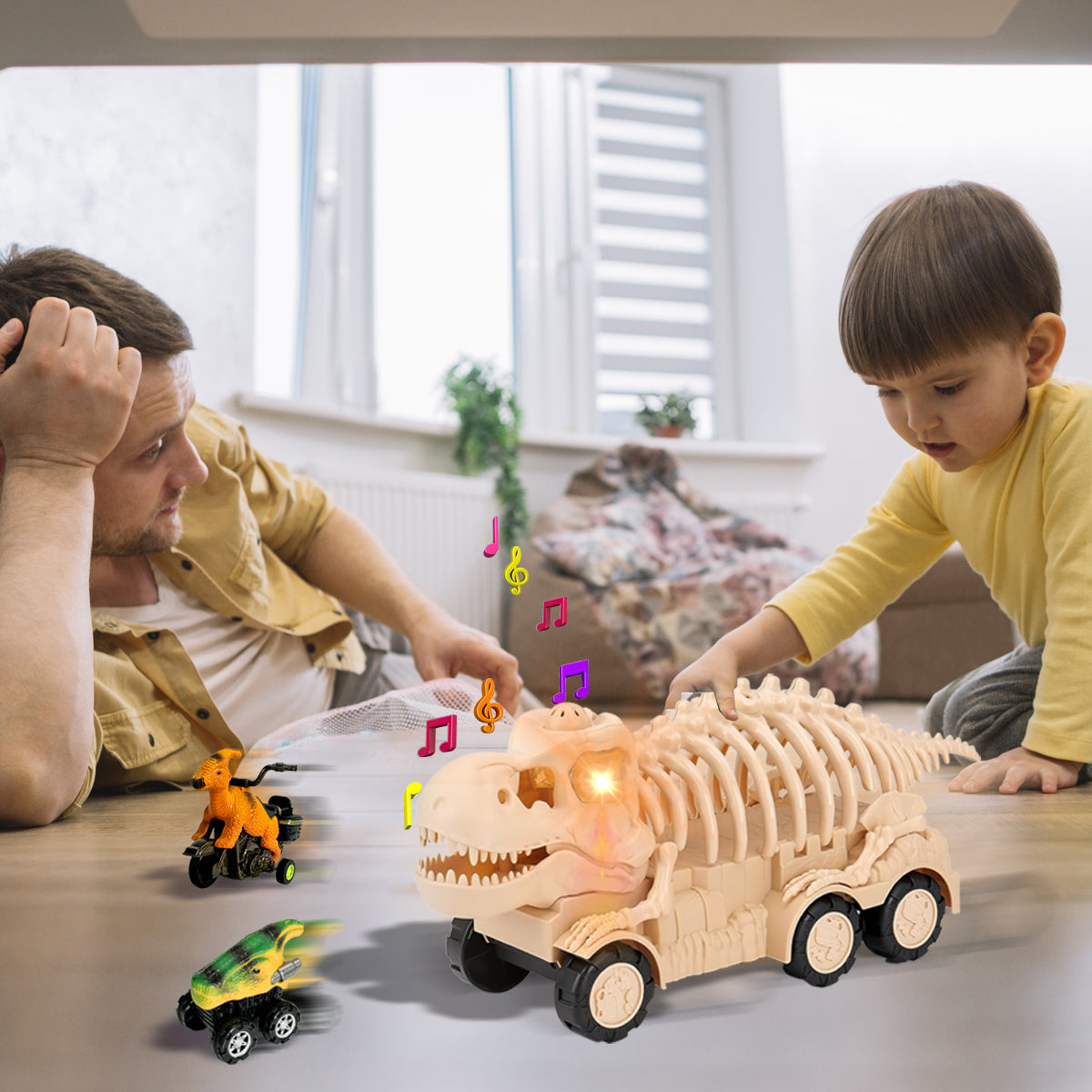 Dinosaur Transport Truck Toy Set with Lights and Sounds Interactive Assembly Educational Toy for Kids, with 2 Mini Dinosaurs Vehicles, Gift for Boys Girls Ages 3-7