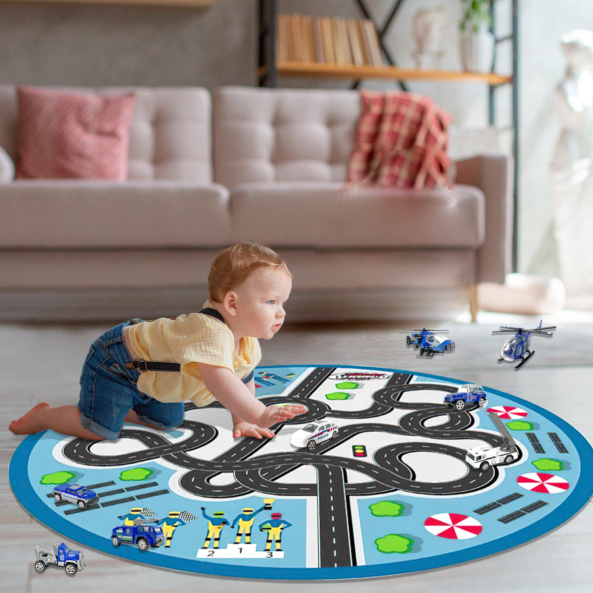 Kids 2 in 1 Carpet Playmat Rug & Rescue Vehicle Set Play Room Rug, City Pretend Play Cars and Toys Baby Toddler Kid Child Educational Ideal for Boys & Girls