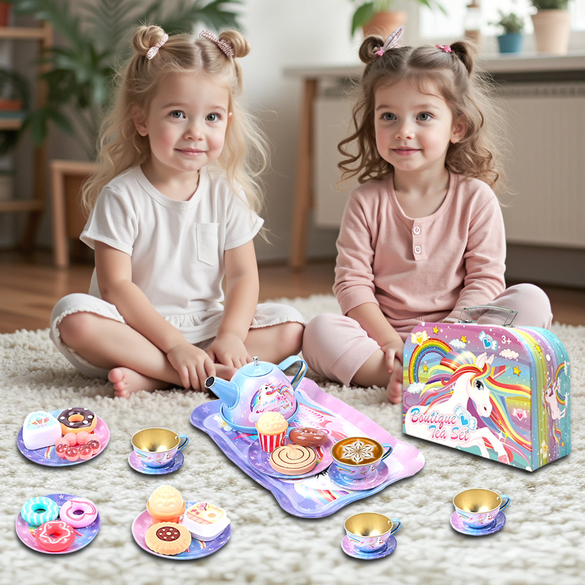 40 Pcs Unicorn Kids Pretend Play Tin Tea Set with Dessert sweet and candy Toy & Carrying Case, Princess Tea Time, Great Return Toy Gift for Your Kids & Little Girls, Colourful Design