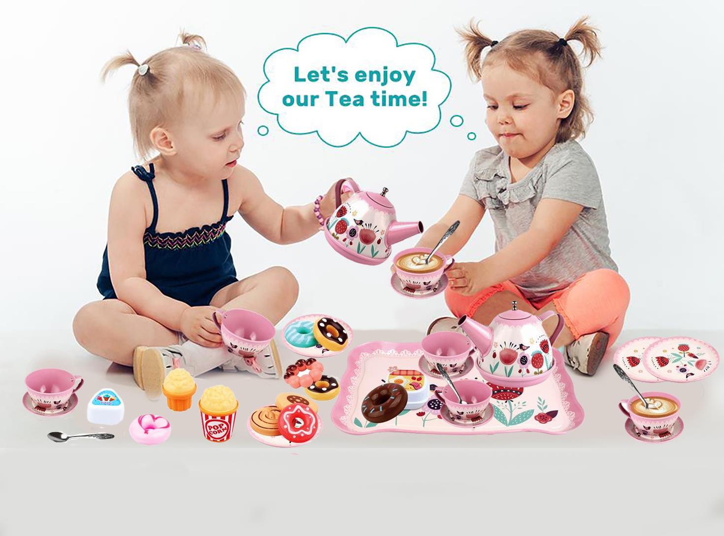 30Pcs Children's Pink Tin Tea Set Pretend Role Play