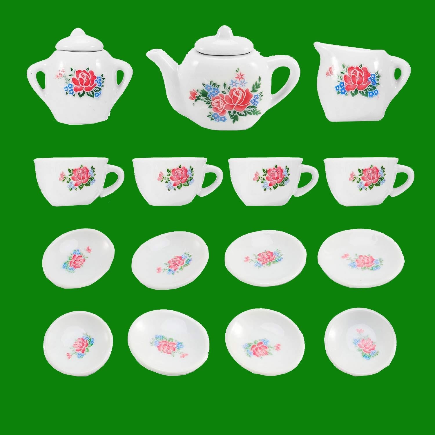 23 Pieces Kids Ceramic Play Tea Set, Role Play Tea Pot Saucers Cups, Pretend Play Kids Toy Kitchen Tea Party Playset, Washable Dishes, Safe Material, for Your Toddlers and Little Girls
