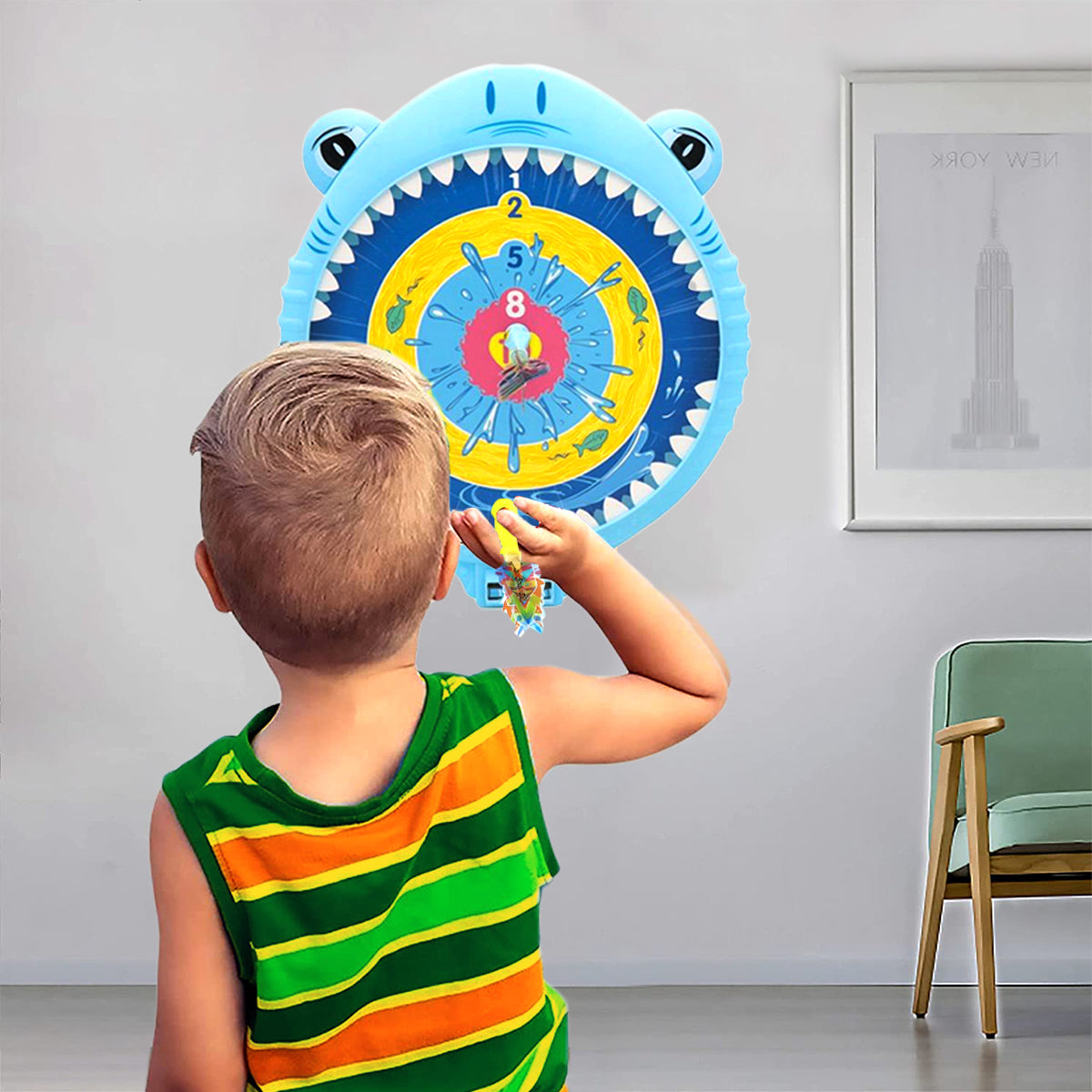 Cute Shark Shaped Magnetic Dart Board Set with 3 Darts, Plastic Hanging Wall Dartboard for Boys, Board Game Toy for Kids, Party Supplies Shark for Girls, Dart Board Set for Children