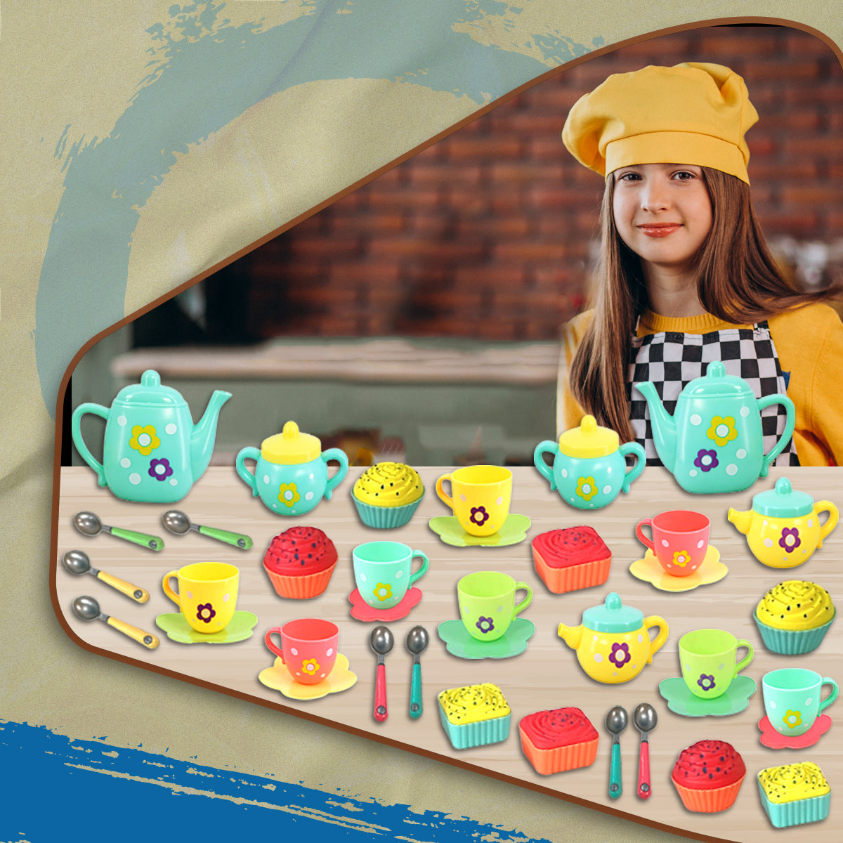 44 Pcs Kids Tea Set Party with Dessert Candy Muffin Toys Including Cups & Plates, BPA Free PVC Free Teapot, Washable Dishes, Safe Material, For Little Girls Enhance Child Skills