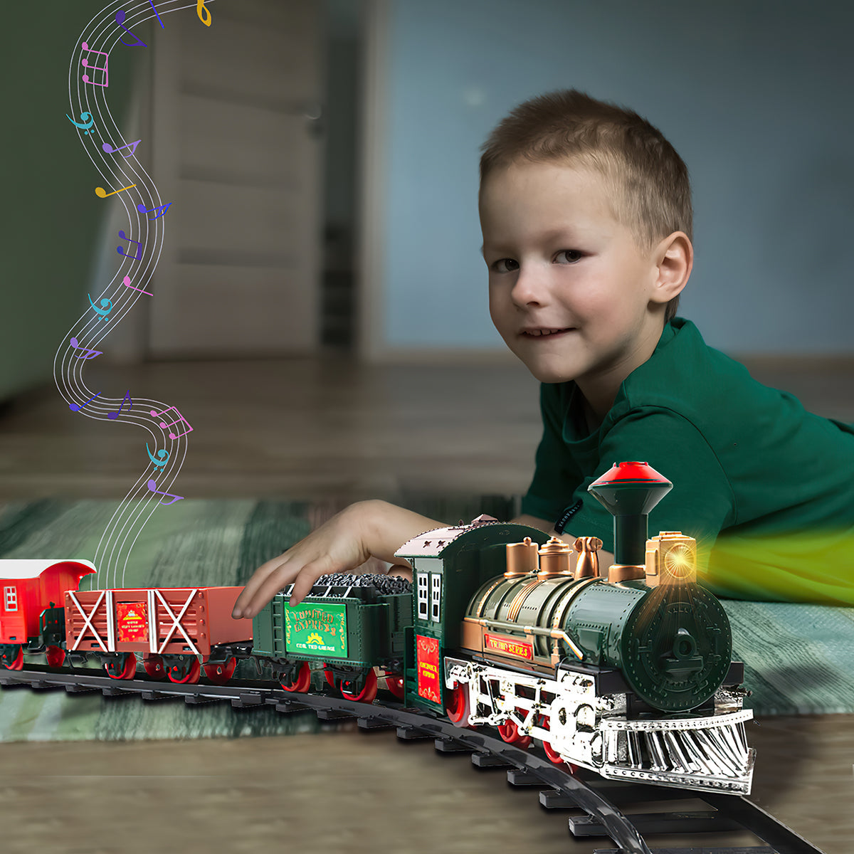 Classic Holiday Toy Train Set Illuminated Electric Locomotive with Cargo, Passenger Cars, Kids' Railway Playset with Authentic Sounds and LED Lights Christmas Tree Décor