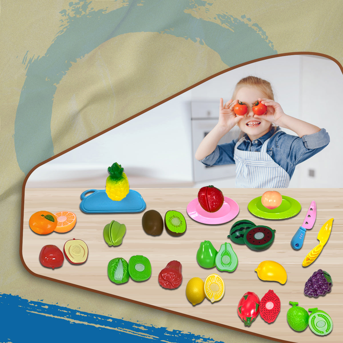 37 Pcs Pretend Play Fruit and Vegetable Cutting Toys Set for Kids, Food Set & Kitchen Accessories with Child-Safe Knife and Tray for Children, Fruit and Vegetable Play Set for Toddlers