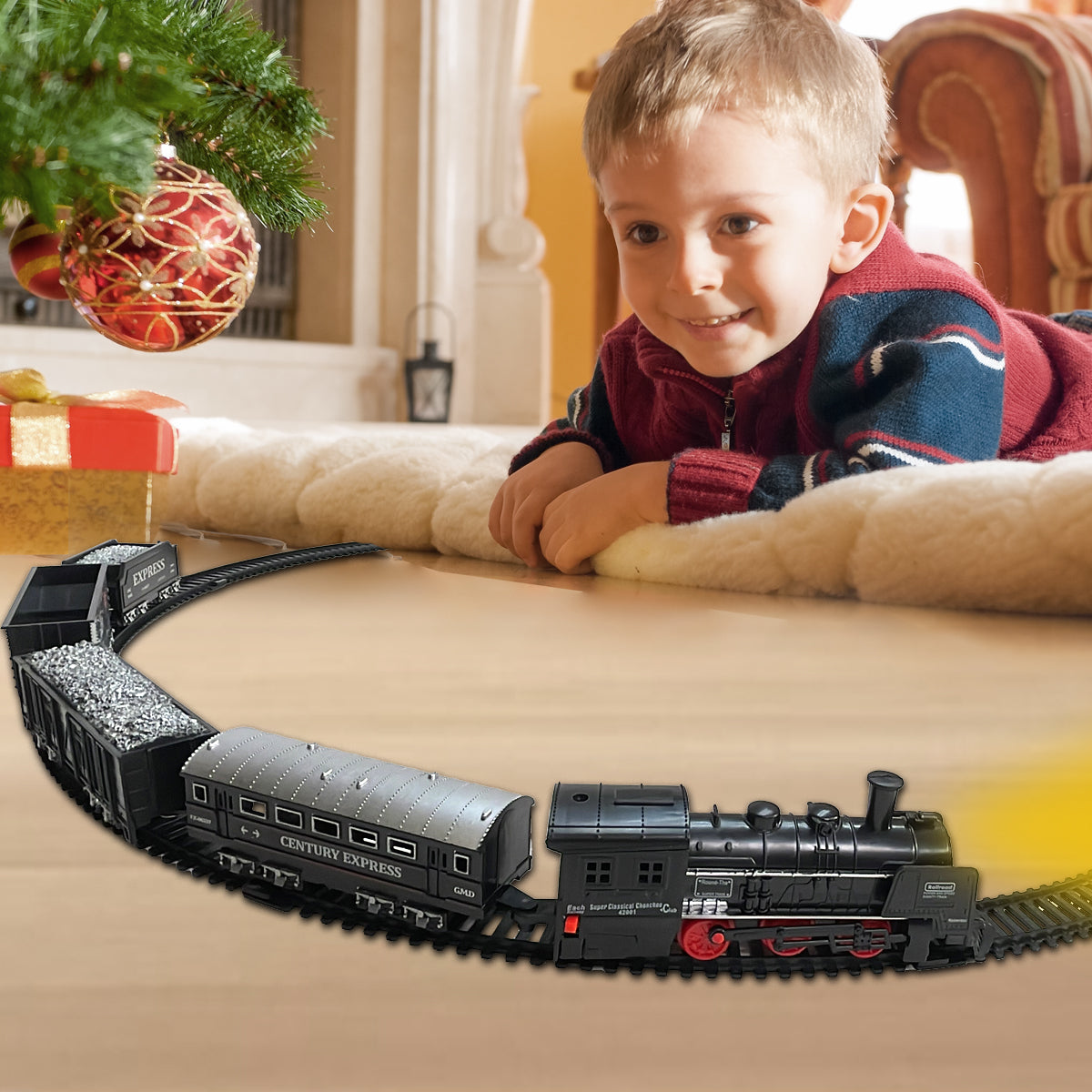 Classic Train Set with Tracks, Battery Operated, Retro Design, Toys for Kids with Lights, Durable & Safe Exciting Train Track Set for kids, Easy to Assemble