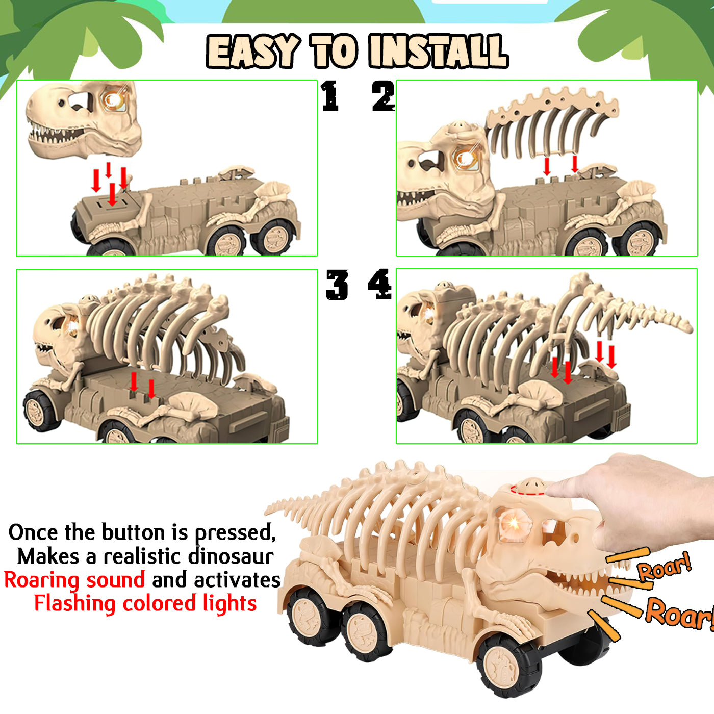 Dinosaur Transport Truck Toy Set with Lights and Sounds Interactive Assembly Educational Toy for Kids, with 2 Mini Dinosaurs Vehicles, Gift for Boys Girls Ages 3-7