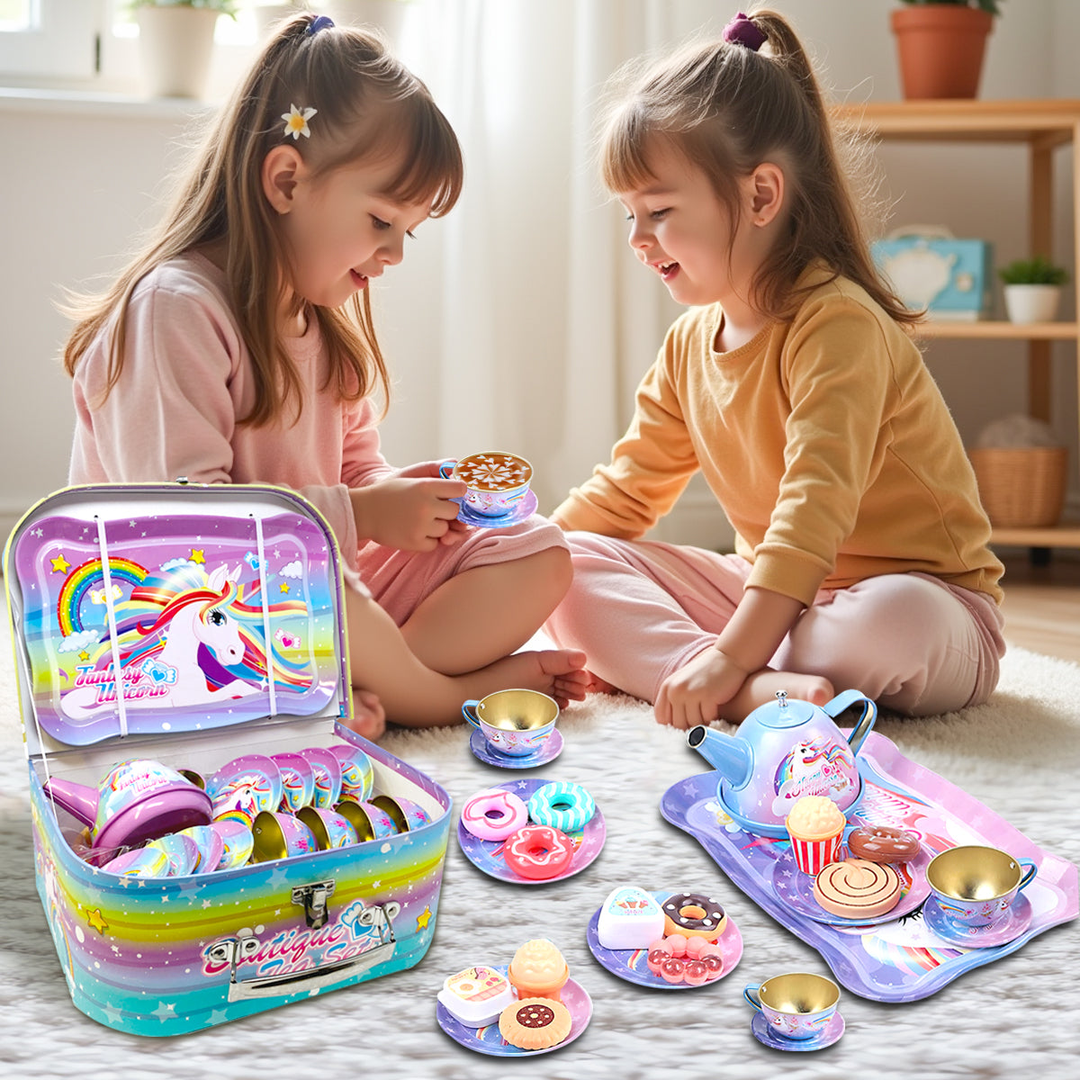 40 Pcs Unicorn Kids Pretend Play Tin Tea Set with Dessert sweet and candy Toy & Carrying Case, Princess Tea Time, Great Return Toy Gift for Your Kids & Little Girls, Colourful Design