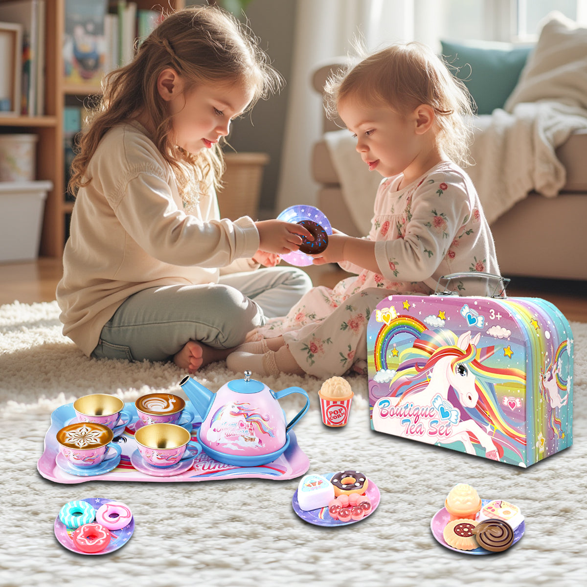 40 Pcs Unicorn Kids Pretend Play Tin Tea Set with Dessert sweet and candy Toy & Carrying Case, Princess Tea Time, Great Return Toy Gift for Your Kids & Little Girls, Colourful Design