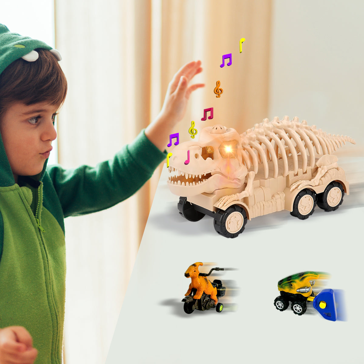 Dinosaur Transport Truck Toy Set with Lights and Sounds Interactive Assembly Educational Toy for Kids, with 2 Mini Dinosaurs Vehicles, Gift for Boys Girls Ages 3-7
