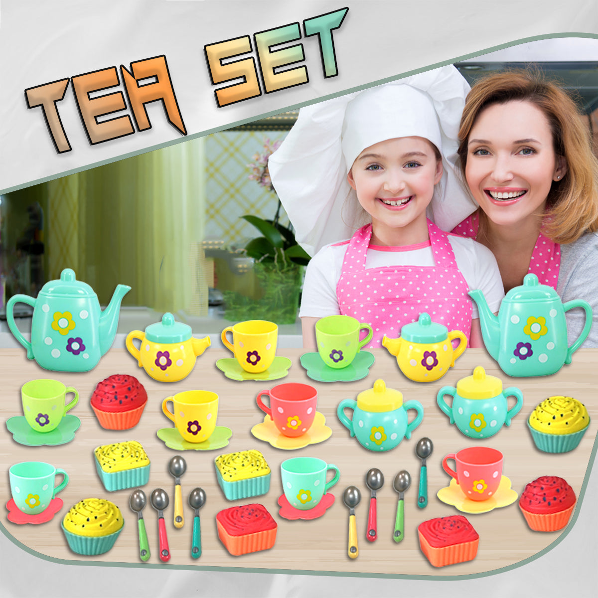 44 Pcs Kids Tea Set Party with Dessert Candy Muffin Toys Including Cups & Plates, BPA Free PVC Free Teapot, Washable Dishes, Safe Material, For Little Girls Enhance Child Skills