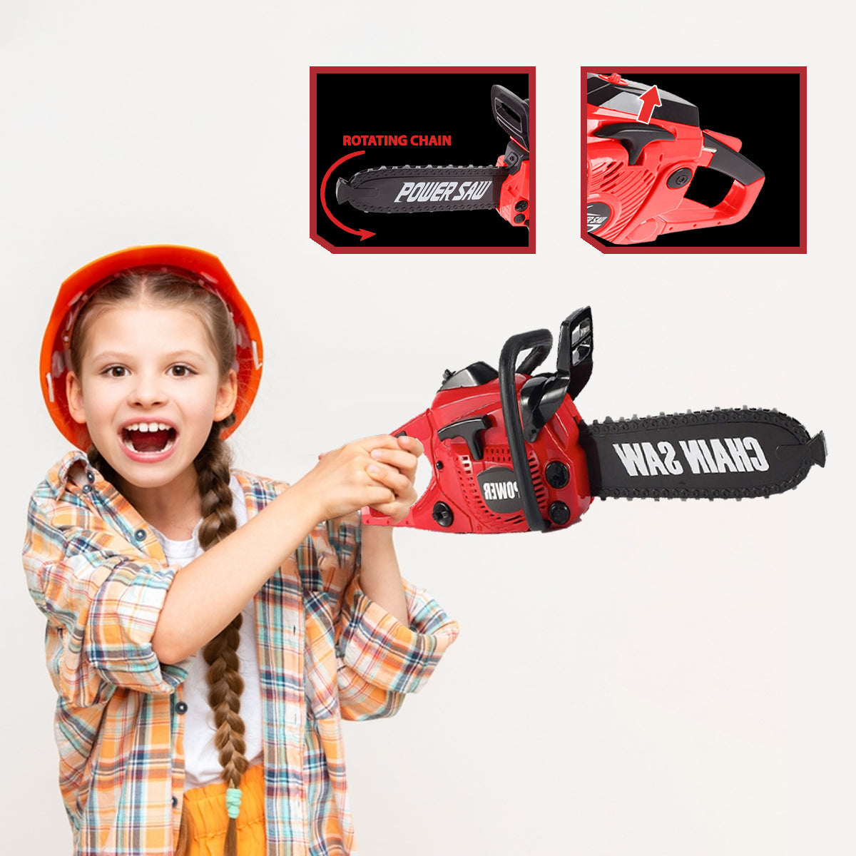 Construction Tool Electric Chain Saw Toy Play Set Rotating Chain, Realistic Sounds & Pretend Construction Garden Yardwork, Outdoor Preschool Lawn Toy Gift for Toddler, Red Colour