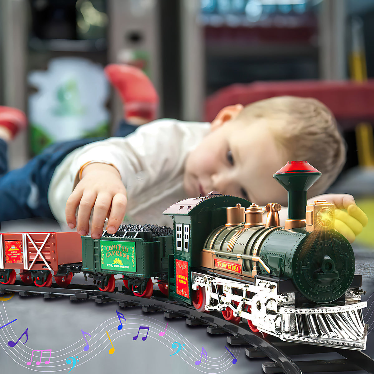Classic Holiday Toy Train Set Illuminated Electric Locomotive with Cargo, Passenger Cars, Kids' Railway Playset with Authentic Sounds and LED Lights Christmas Tree Décor