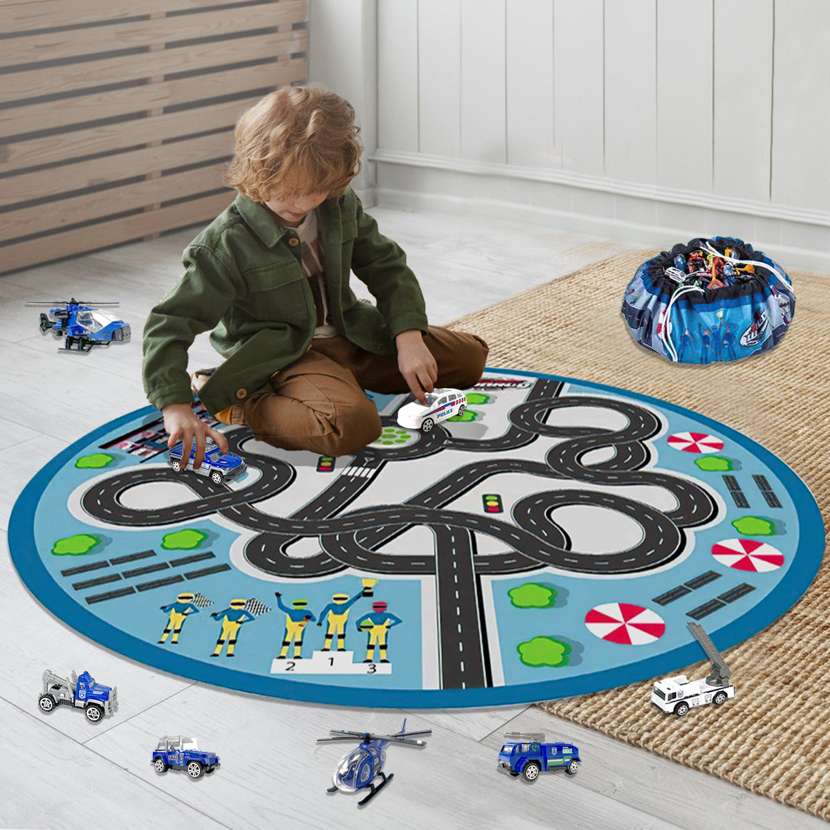 Kids 2 in 1 Carpet Playmat Rug & Rescue Vehicle Set Play Room Rug, City Pretend Play Cars and Toys Baby Toddler Kid Child Educational Ideal for Boys & Girls