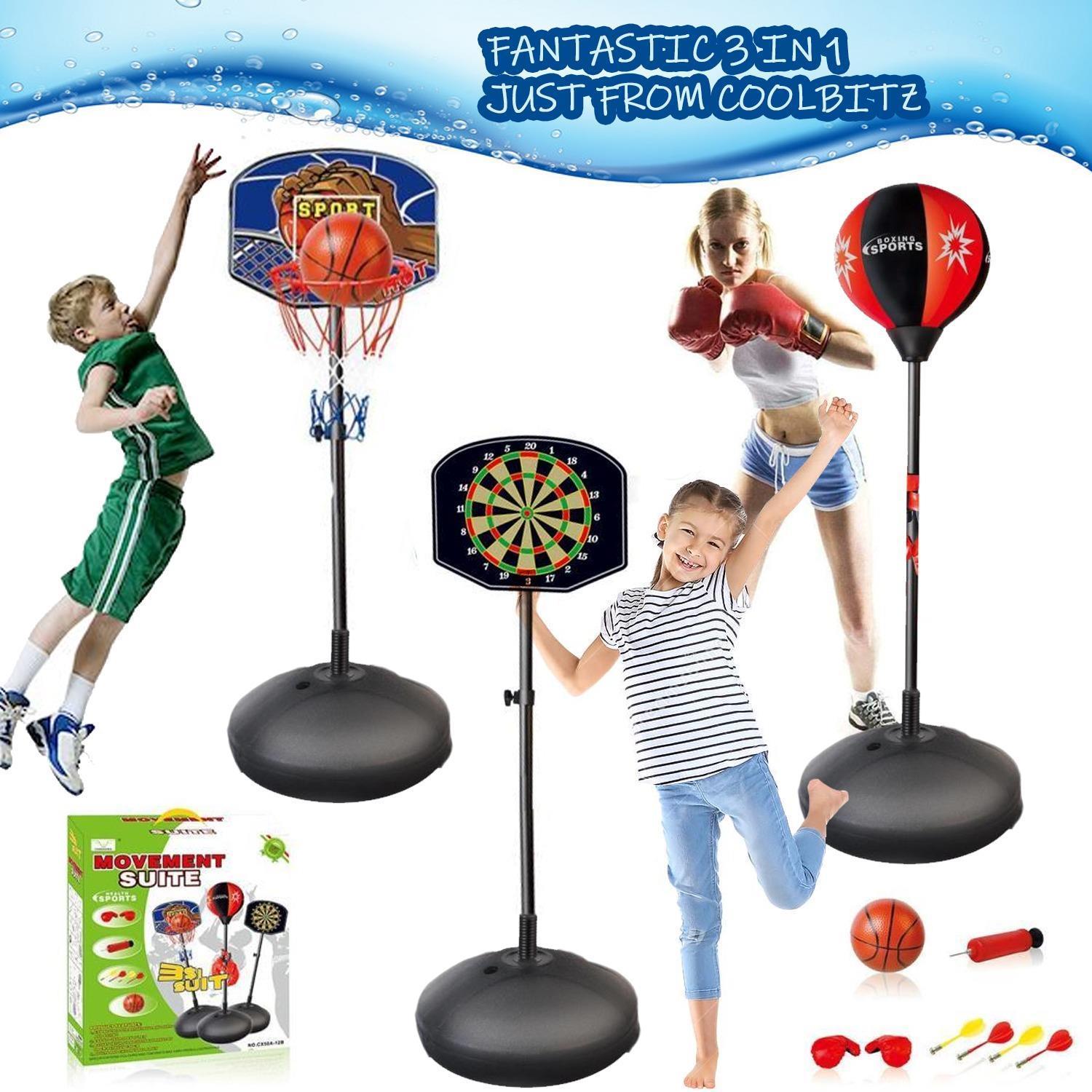 3 in 1 Magnetic Stand Dart Board, Punch Ball Boxing Set, adjustable Basketball stand Hoop
