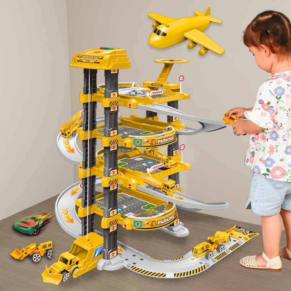 Kids 4 Storey Large Car Parking Lot Garage Play Set with Electric Elevator Ramps Alloy Car Helicopter Race Car Track, Parking Garage Pretend Play Toy for Kids Yellow