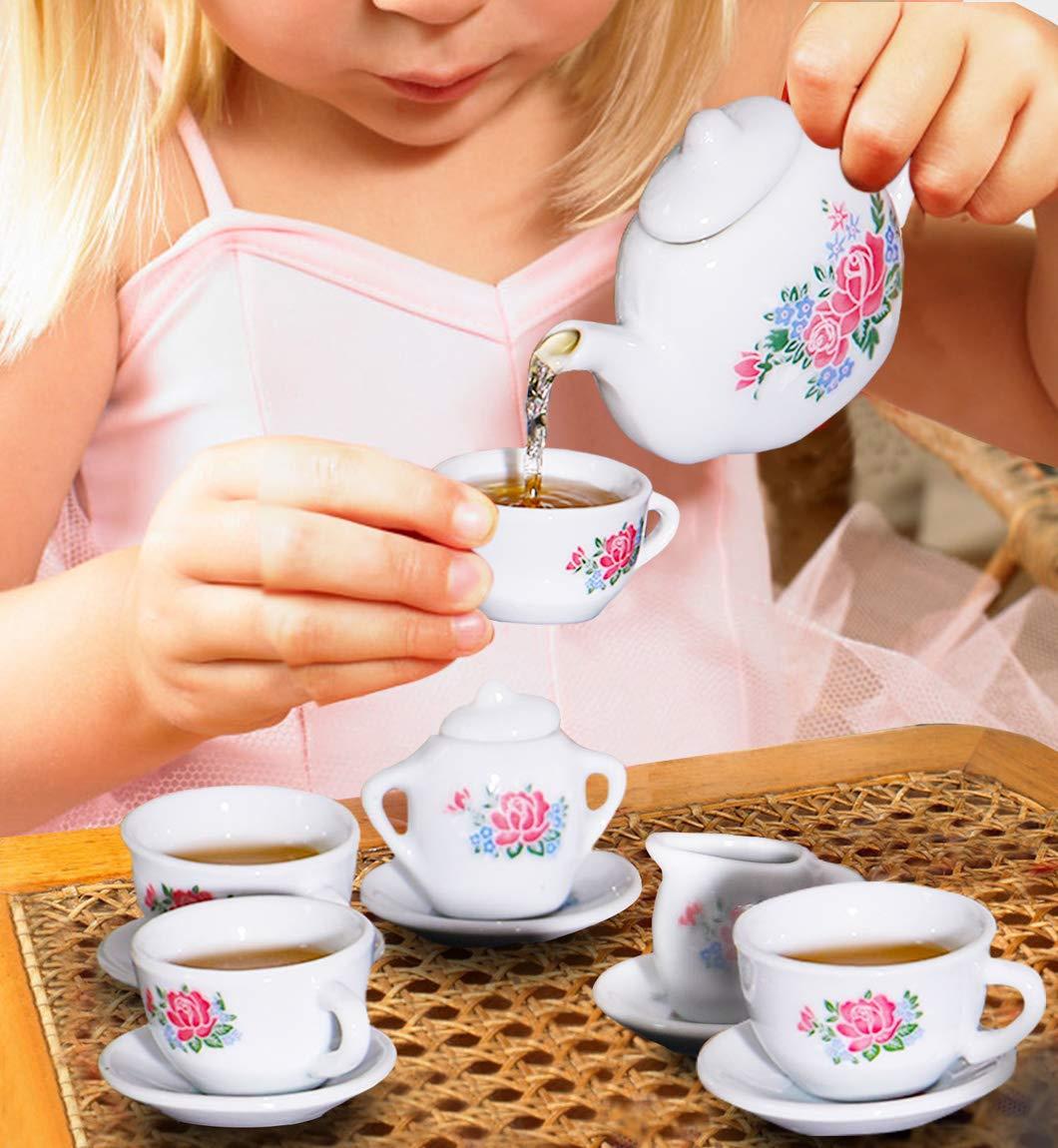 23 Pieces Kids Ceramic Play Tea Set, Role Play Tea Pot Saucers Cups, Pretend Play Kids Toy Kitchen Tea Party Playset, Washable Dishes, Safe Material, for Your Toddlers and Little Girls
