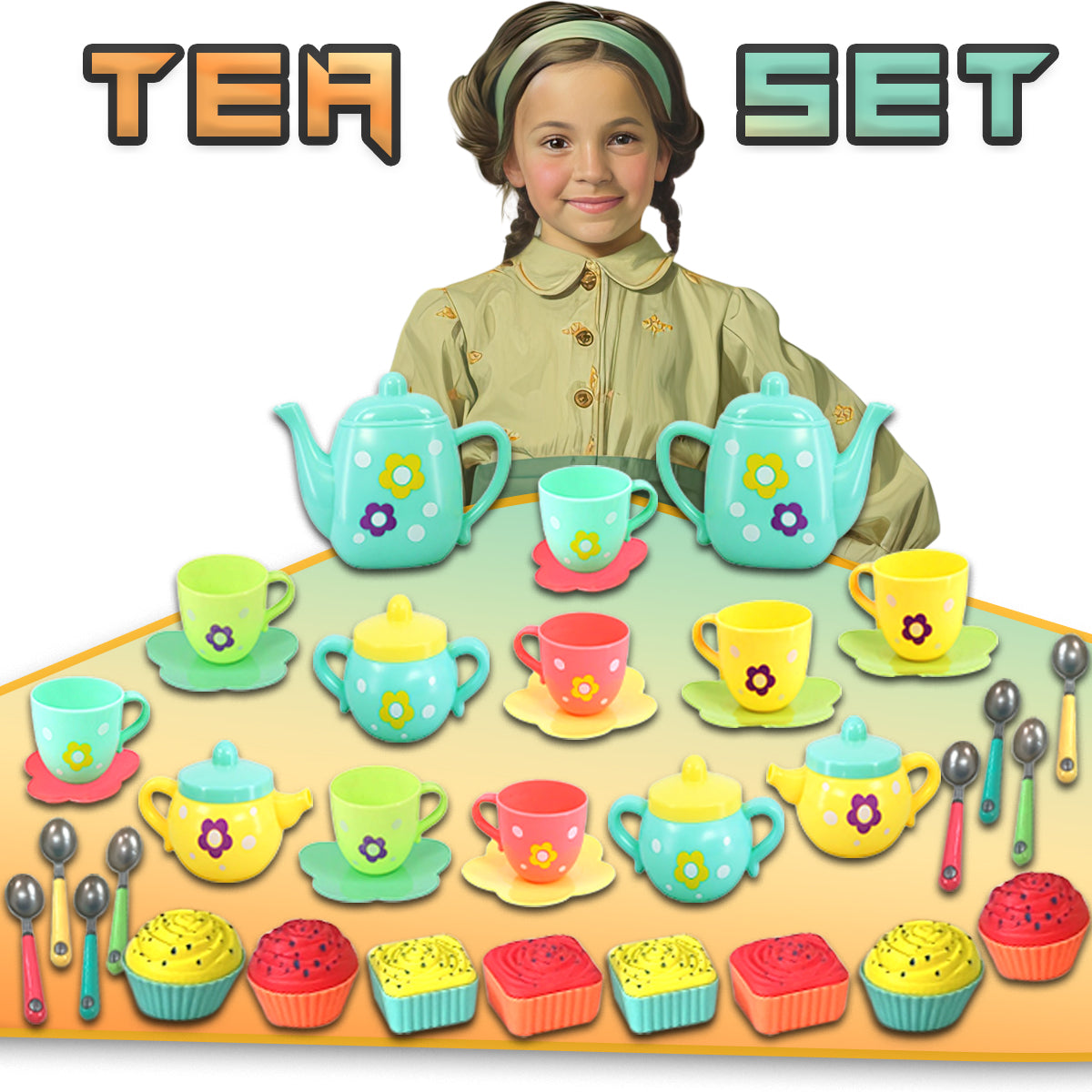 44 Pcs Kids Tea Set Party with Dessert Candy Muffin Toys Including Cups & Plates, BPA Free PVC Free Teapot, Washable Dishes, Safe Material, For Little Girls Enhance Child Skills