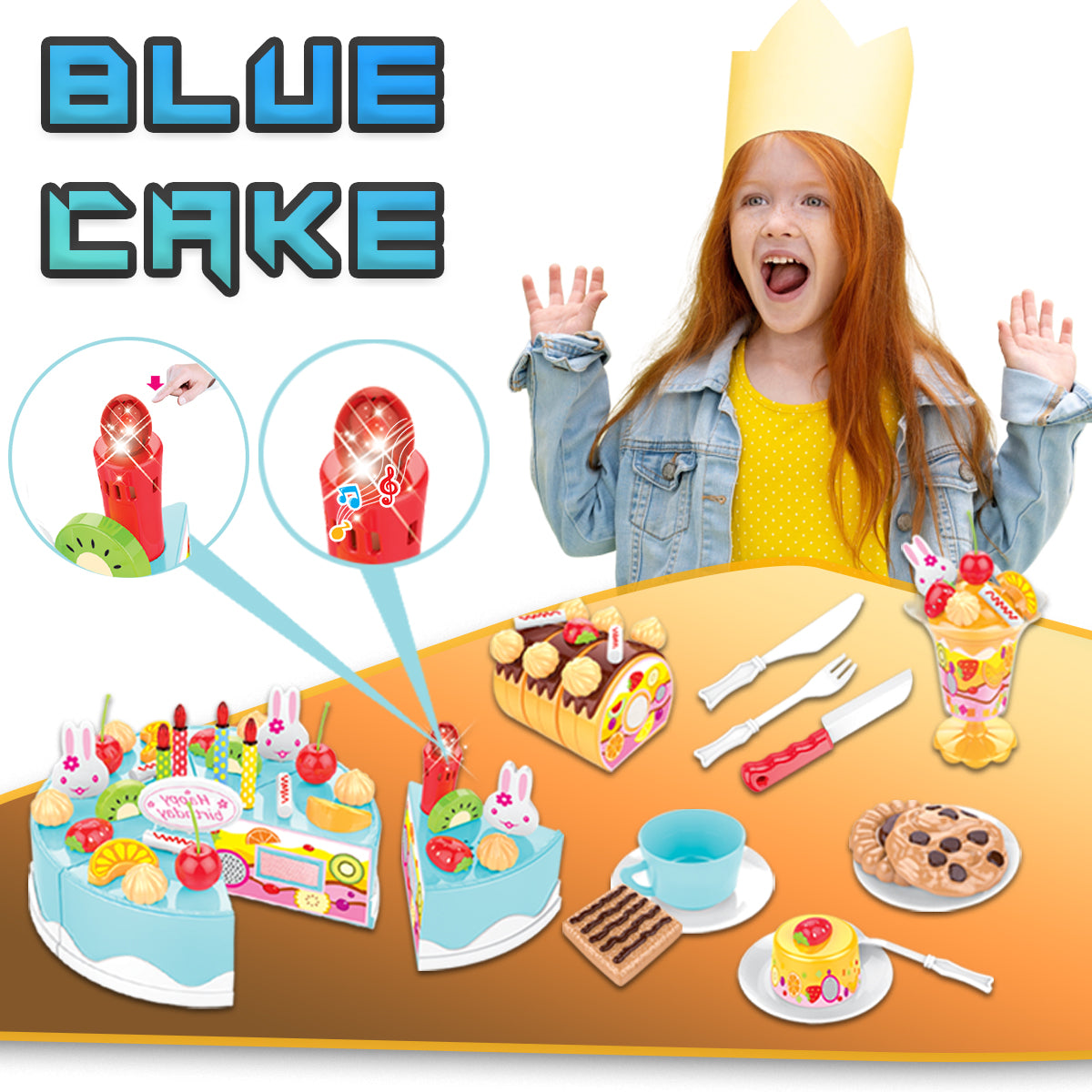 Cake Light-Up & Musical Cake Set Kids Pretend Play Birthday Cake Toy for Baby & Toddlers Cake Toys with Light Music & Candle Birthday Party Set Toys Gift for Boys Girls Age 3-8 (Blue)