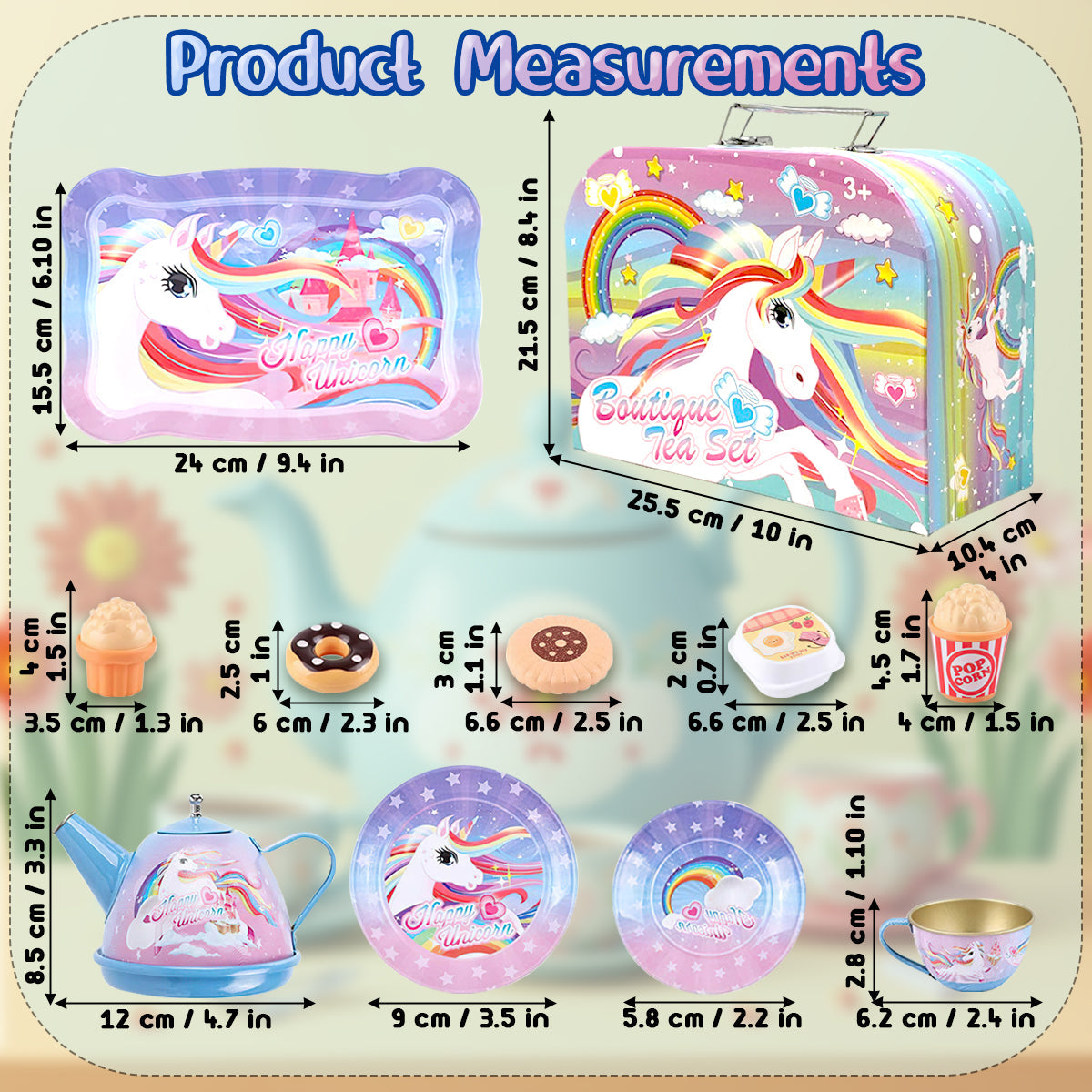 40 Pcs Unicorn Kids Pretend Play Tin Tea Set with Dessert sweet and candy Toy & Carrying Case, Princess Tea Time, Great Return Toy Gift for Your Kids & Little Girls, Colourful Design