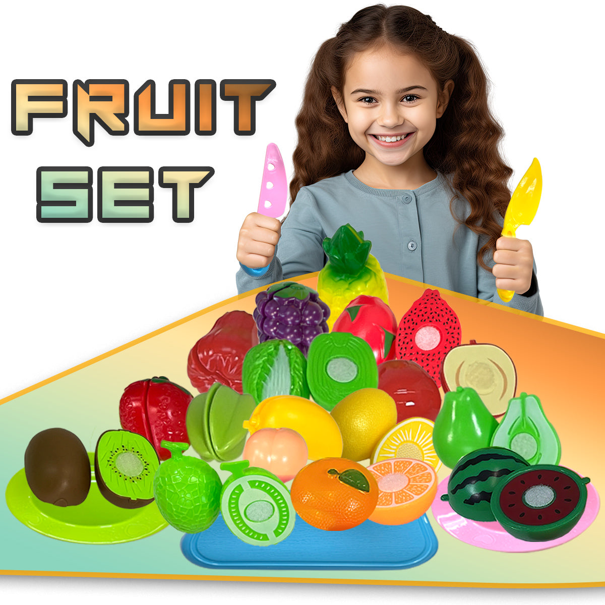 37 Pcs Pretend Play Fruit and Vegetable Cutting Toys Set for Kids, Food Set & Kitchen Accessories with Child-Safe Knife and Tray for Children, Fruit and Vegetable Play Set for Toddlers