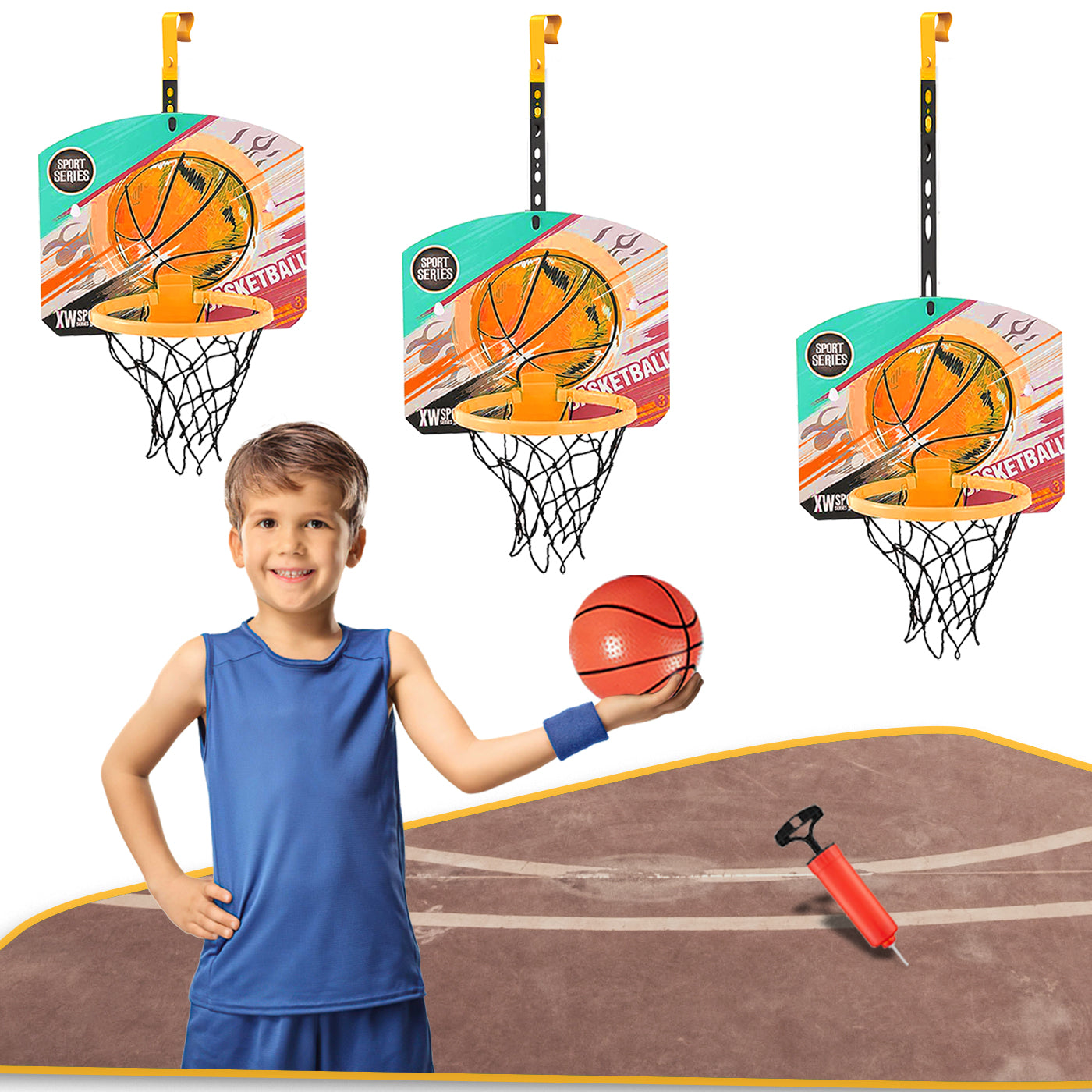 Adjustable Kids Basketball Hoop with Hard Backboard Pump and Ball, Adjustable Hanger Hook Indoor Outdoor Basketball Set with Net Ball and Pump Portable Sport Toys for Kids