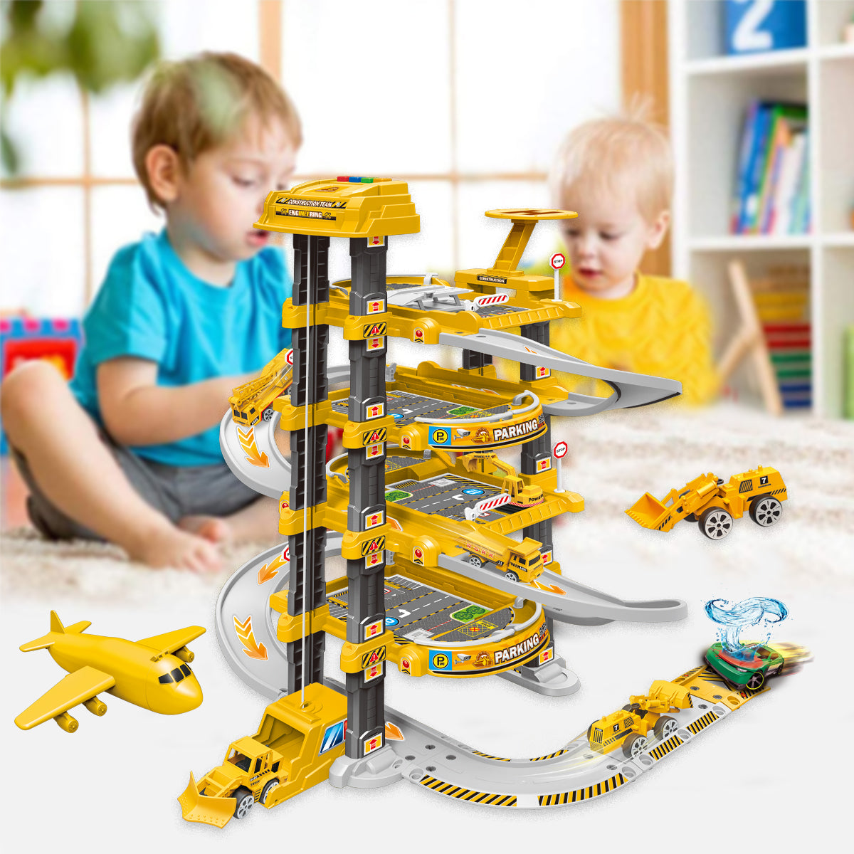 Kids 4 Storey Large Car Parking Lot Garage Play Set with Electric Elevator Ramps Alloy Car Helicopter Race Car Track, Parking Garage Pretend Play Toy for Kids Yellow