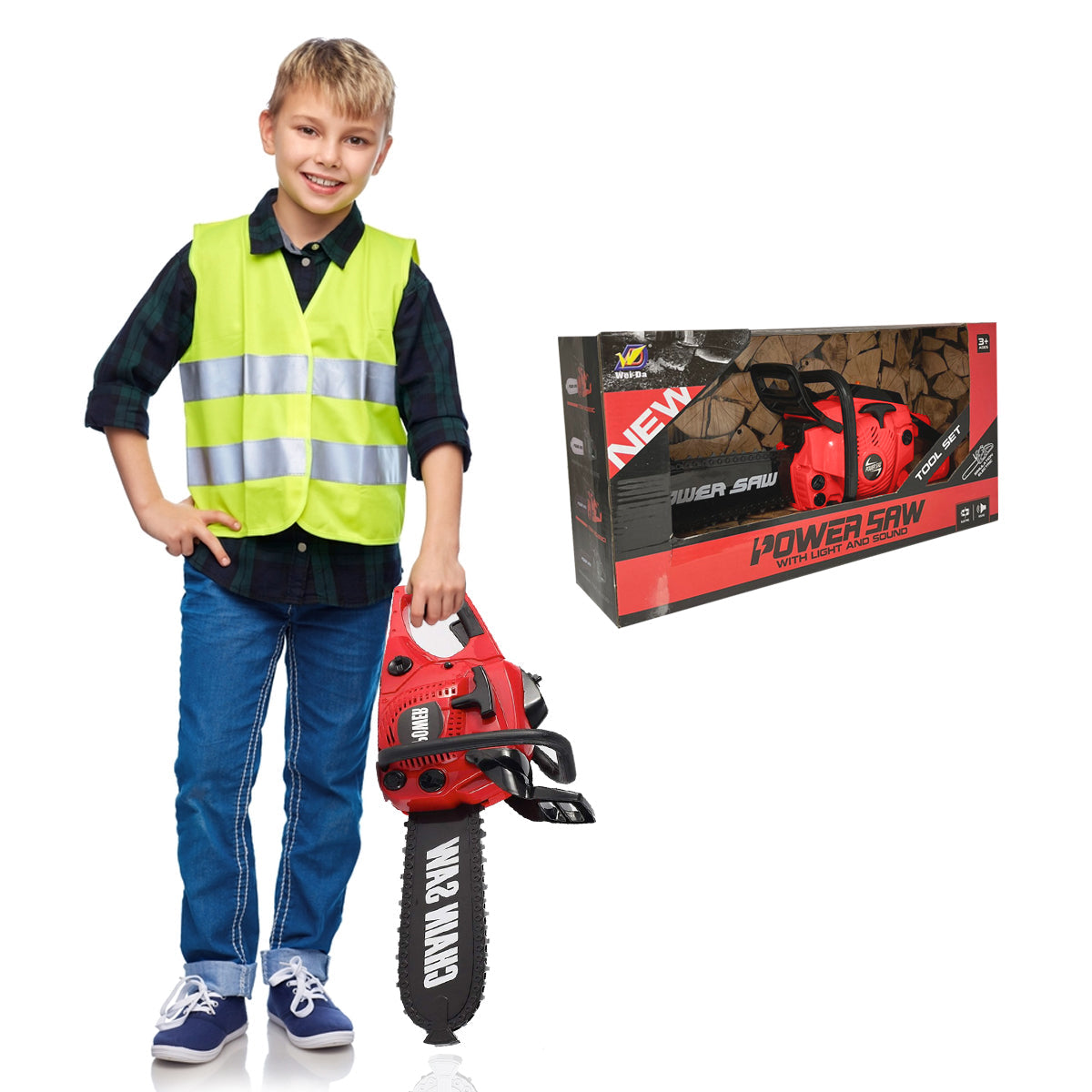 Construction Tool Electric Chain Saw Toy Play Set Rotating Chain, Realistic Sounds & Pretend Construction Garden Yardwork, Outdoor Preschool Lawn Toy Gift for Toddler, Red Colour