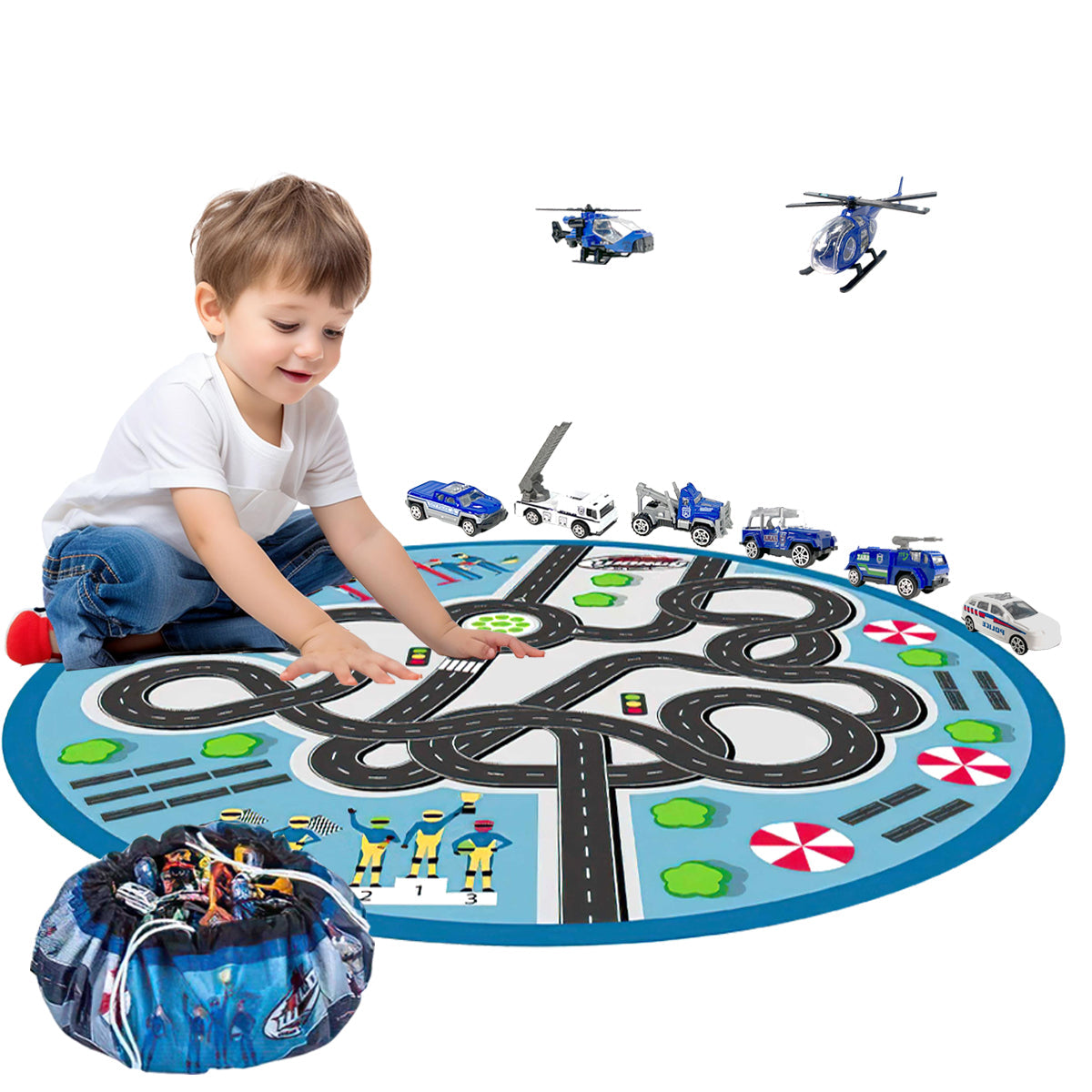 Kids 2 in 1 Carpet Playmat Rug & Rescue Vehicle Set Play Room Rug, City Pretend Play Cars and Toys Baby Toddler Kid Child Educational Ideal for Boys & Girls