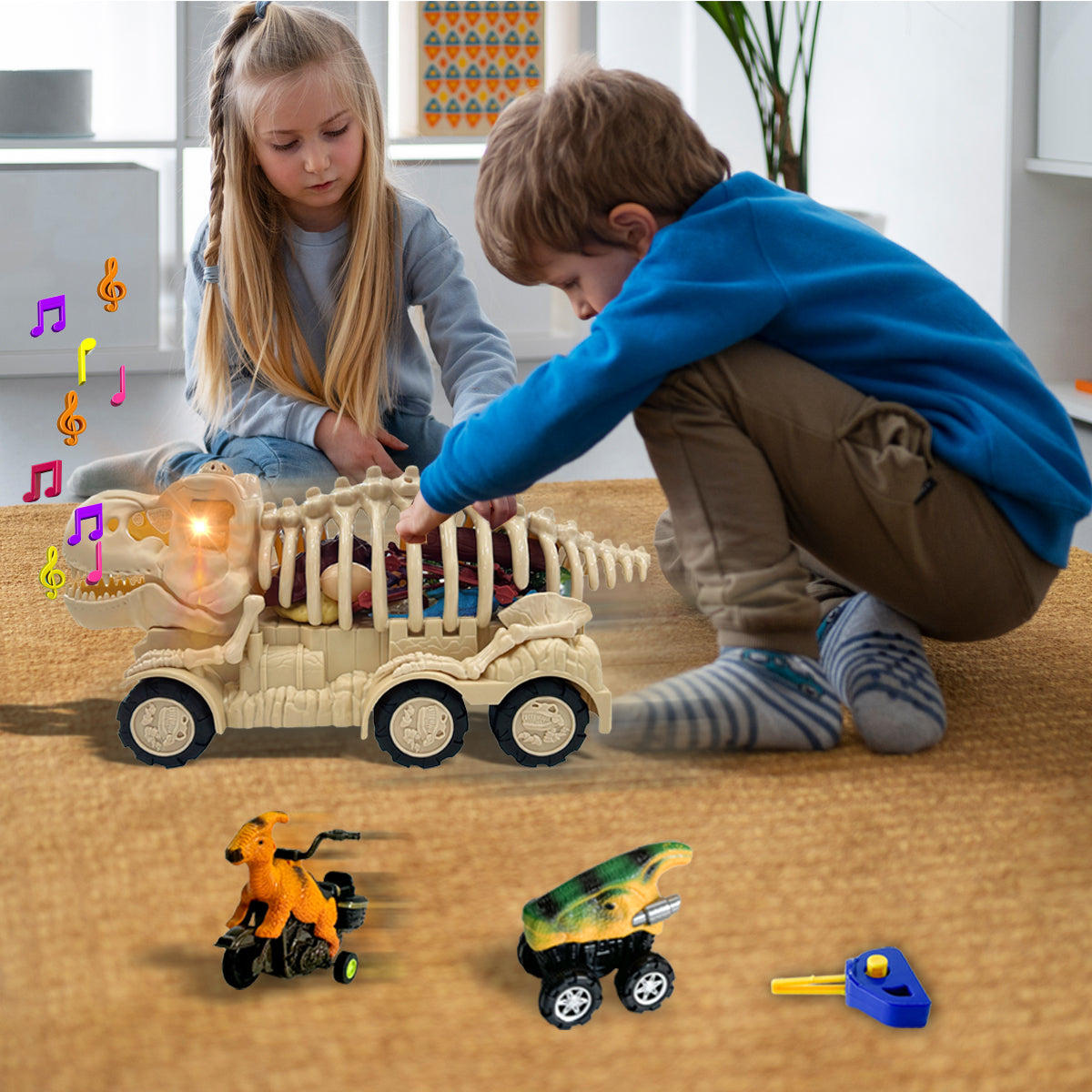 Dinosaur Transport Truck Toy Set with Lights and Sounds Interactive Assembly Educational Toy for Kids, with 2 Mini Dinosaurs Vehicles, Gift for Boys Girls Ages 3-7