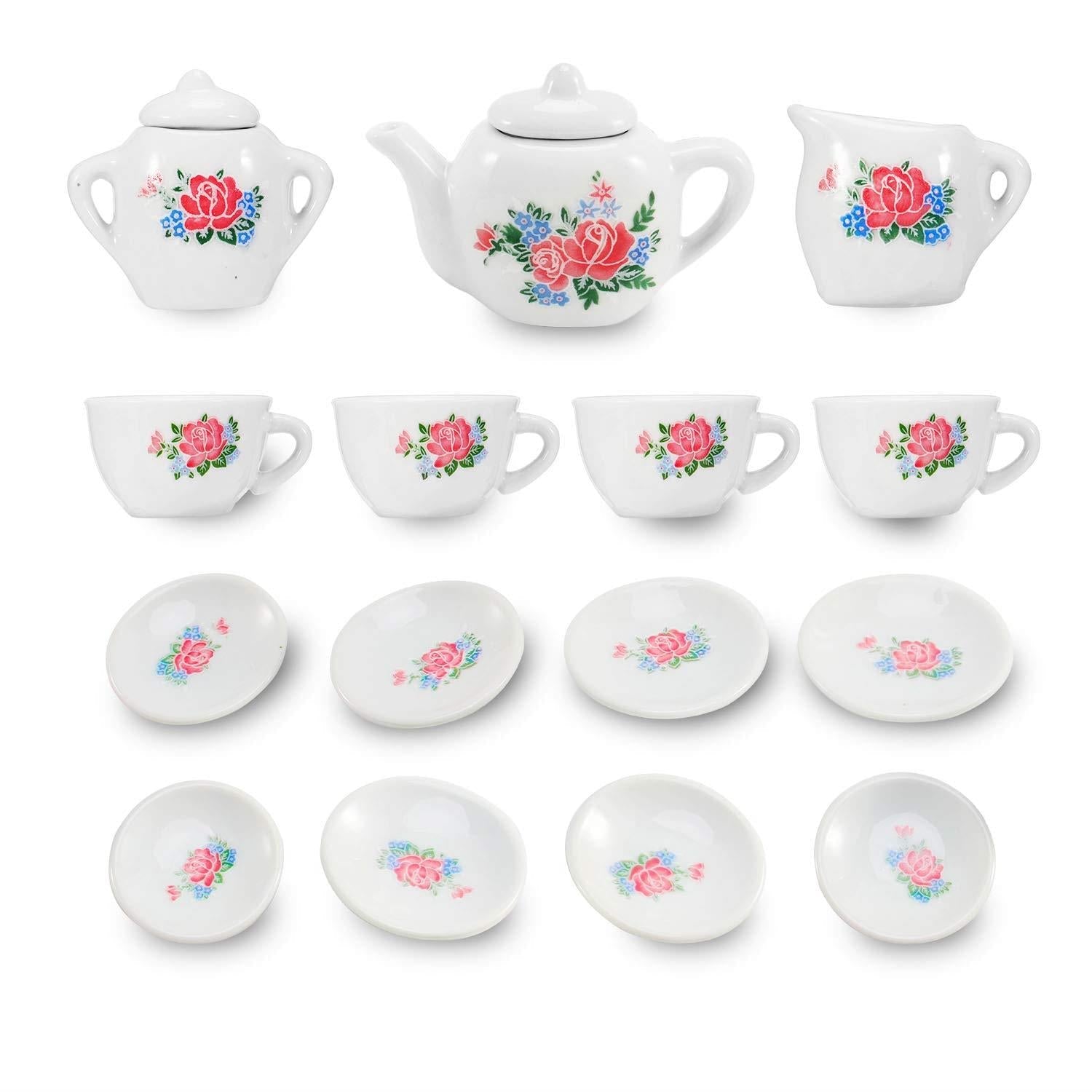 23 Pieces Kids Ceramic Play Tea Set, Role Play Tea Pot Saucers Cups, Pretend Play Kids Toy Kitchen Tea Party Playset, Washable Dishes, Safe Material, for Your Toddlers and Little Girls
