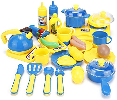 43 Pieces Kitchen set Cooking Toys Dinner set Cutting Fruits Vegetables Pretend Play Food Playset