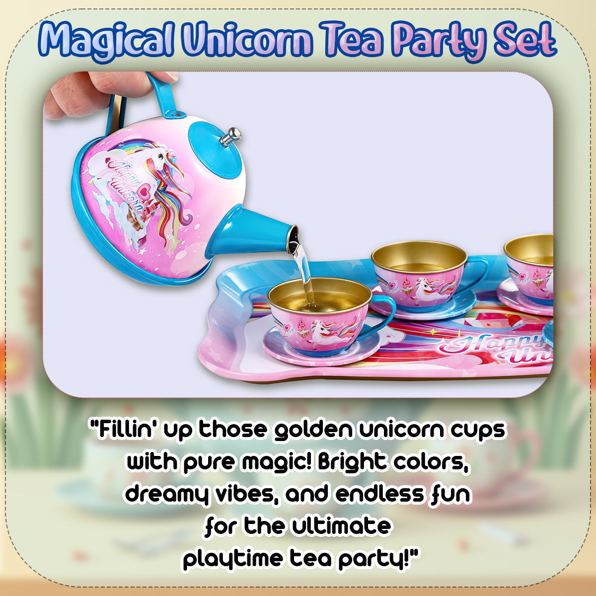 40 Pcs Unicorn Kids Pretend Play Tin Tea Set with Dessert sweet and candy Toy & Carrying Case, Princess Tea Time, Great Return Toy Gift for Your Kids & Little Girls, Colourful Design