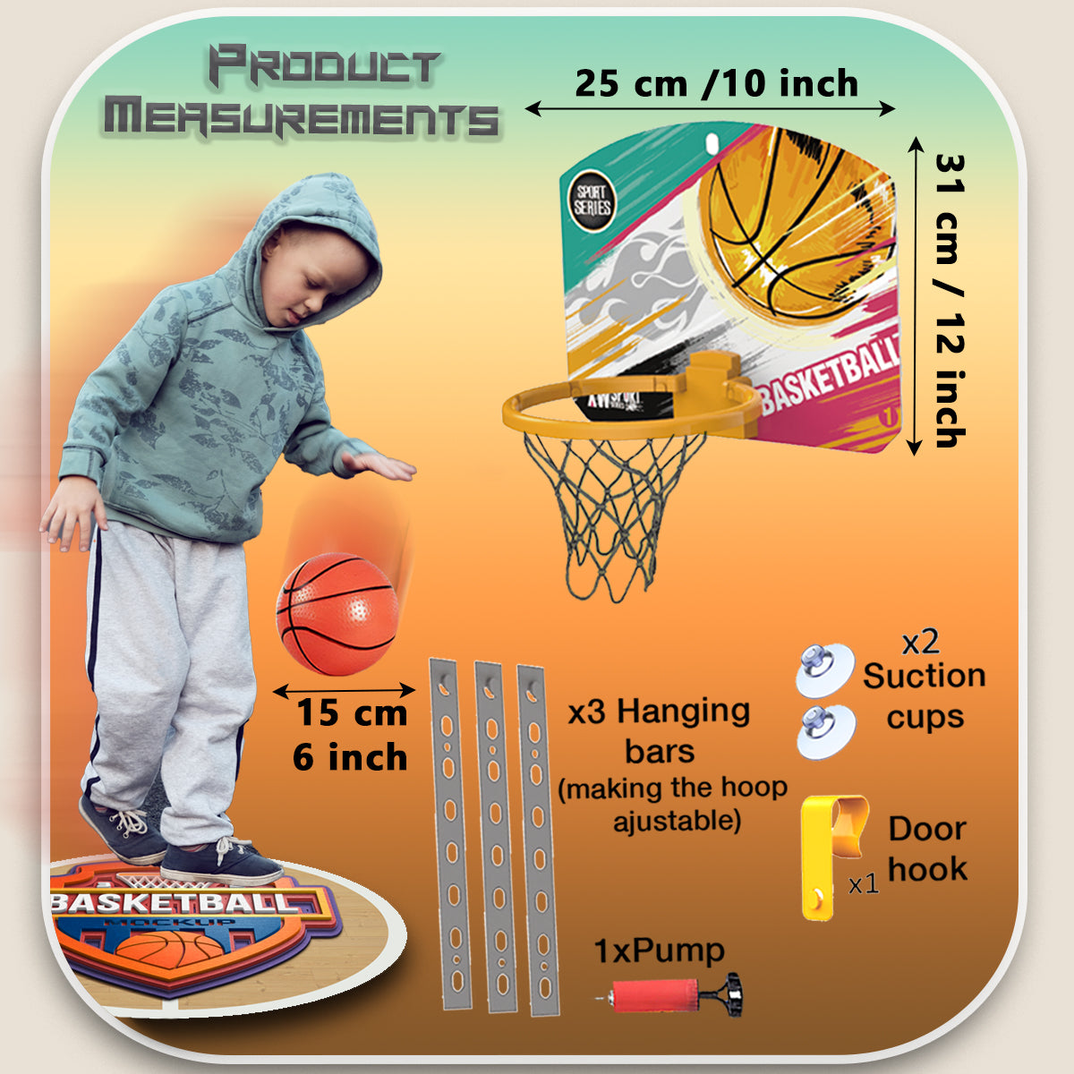 Adjustable Kids Basketball Hoop with Hard Backboard Pump and Ball, Adjustable Hanger Hook Indoor Outdoor Basketball Set with Net Ball and Pump Portable Sport Toys for Kids
