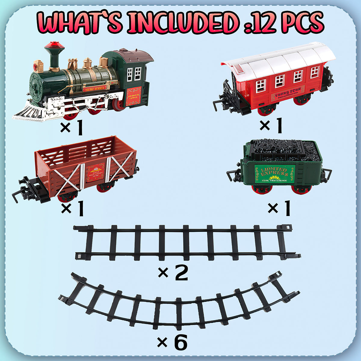 Classic Holiday Toy Train Set Illuminated Electric Locomotive with Cargo, Passenger Cars, Kids' Railway Playset with Authentic Sounds and LED Lights Christmas Tree Décor