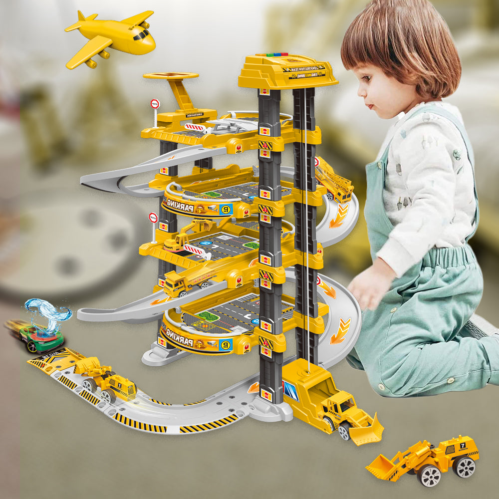 Kids 4 Storey Large Car Parking Lot Garage Play Set with Electric Elevator Ramps Alloy Car Helicopter Race Car Track, Parking Garage Pretend Play Toy for Kids Yellow