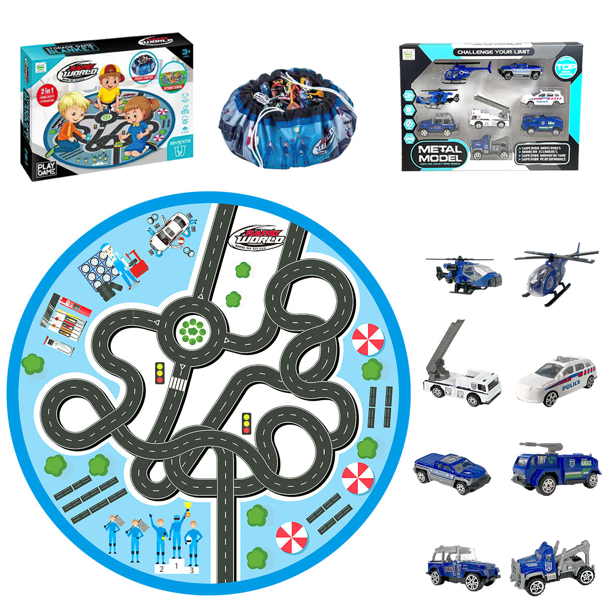 Kids 2 in 1 Carpet Playmat Rug & Rescue Vehicle Set Play Room Rug, City Pretend Play Cars and Toys Baby Toddler Kid Child Educational Ideal for Boys & Girls