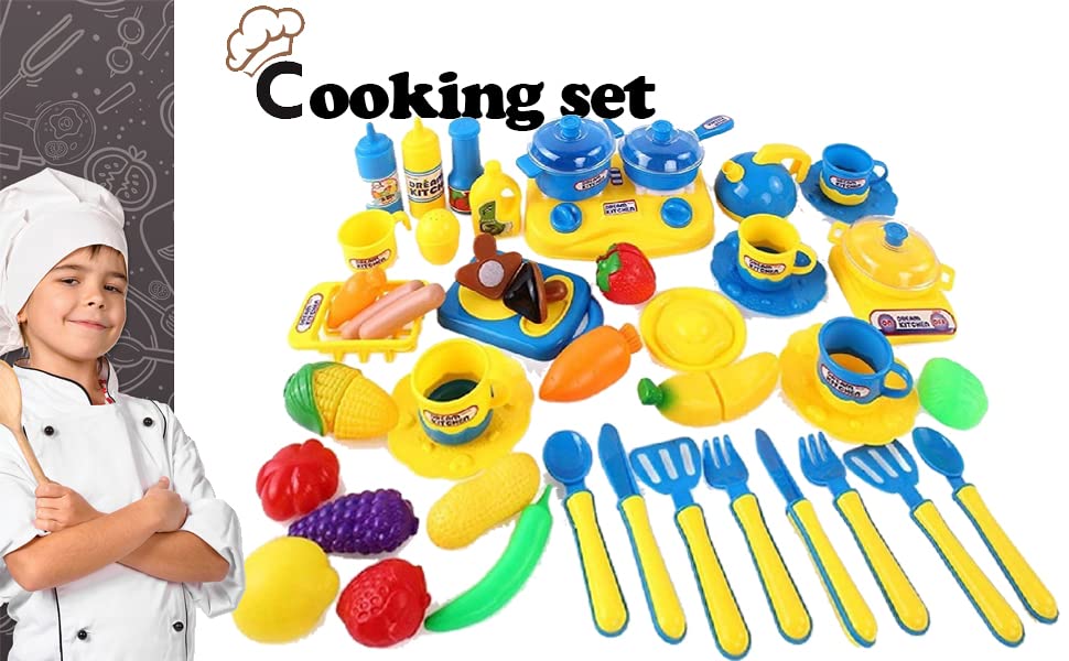 43 Pieces Kitchen set Cooking Toys Dinner set Cutting Fruits Vegetables Pretend Play Food Playset