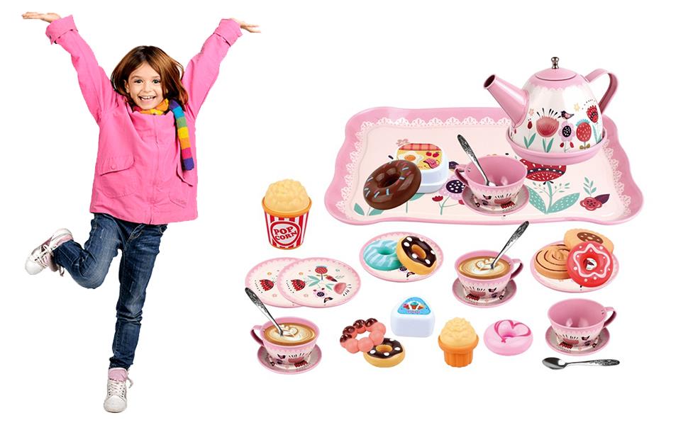 30Pcs Children's Pink Tin Tea Set Pretend Role Play