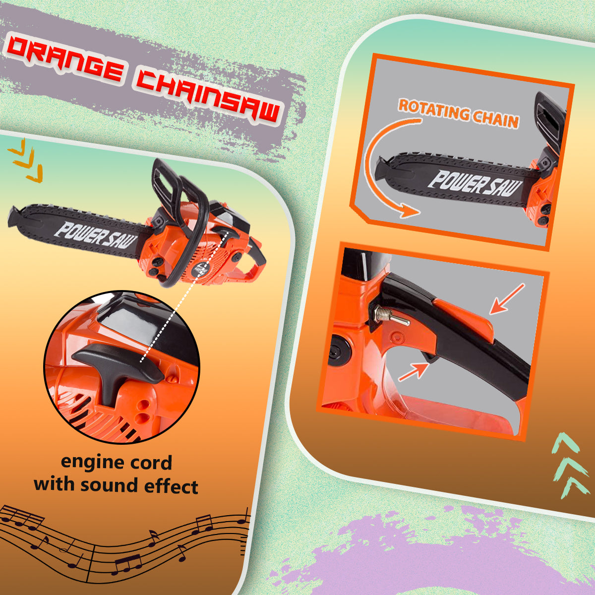 Construction Tool Electric Chain Saw Toy Play Set Rotating Chain, Realistic Sounds & Pretend Construction Garden Yardwork, Outdoor Preschool Lawn Toy Gift for Toddler, Orange Colour